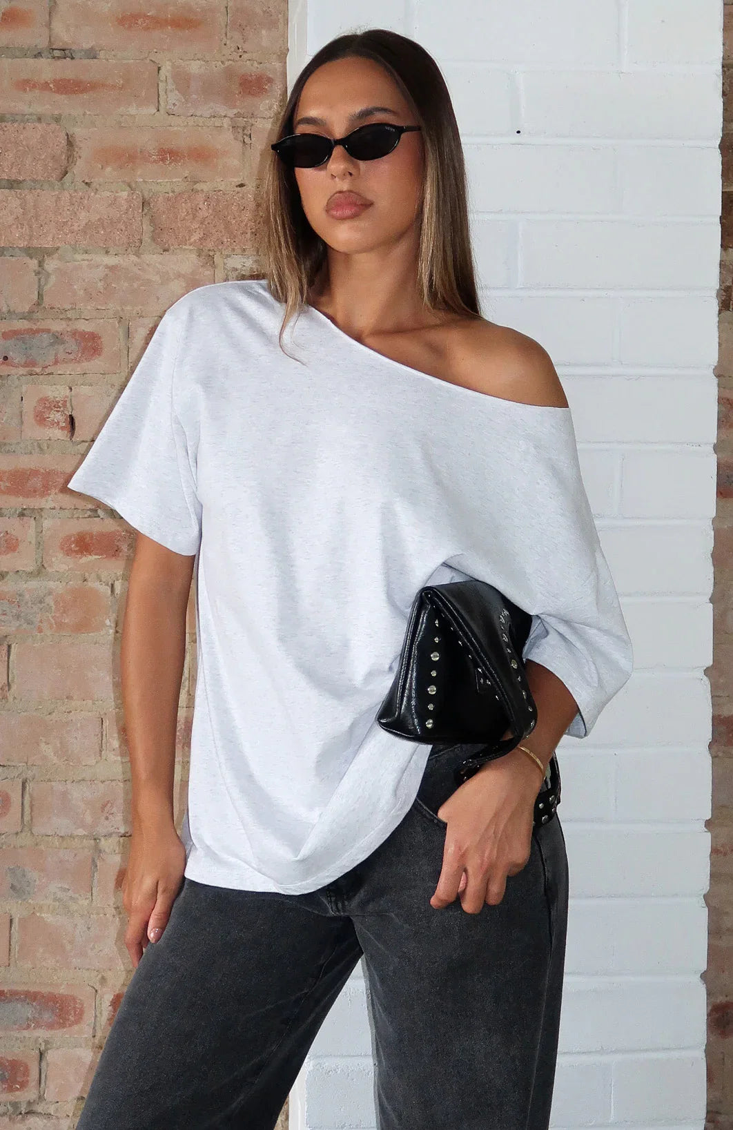 Give Me Options Off Shoulder Tee Light Grey Marle