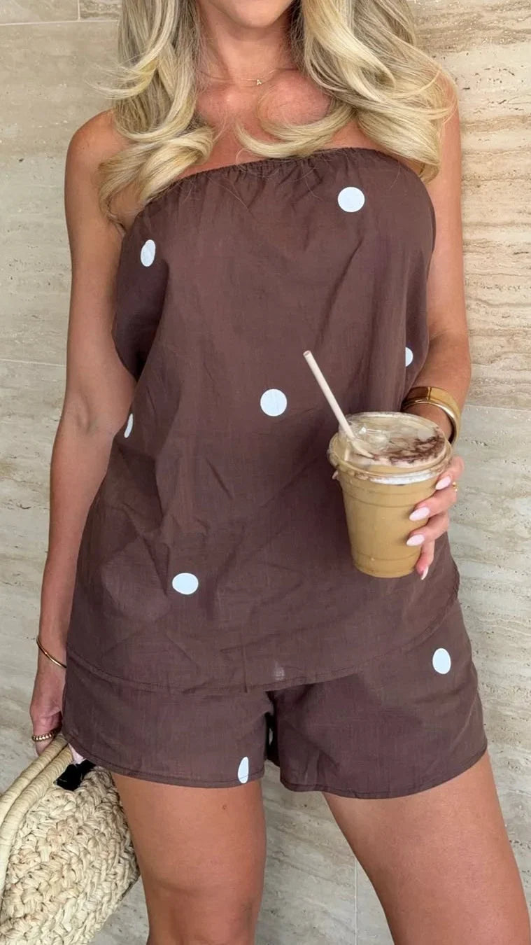 Calliope Strapless Top and Shorts Set Brown White Polka