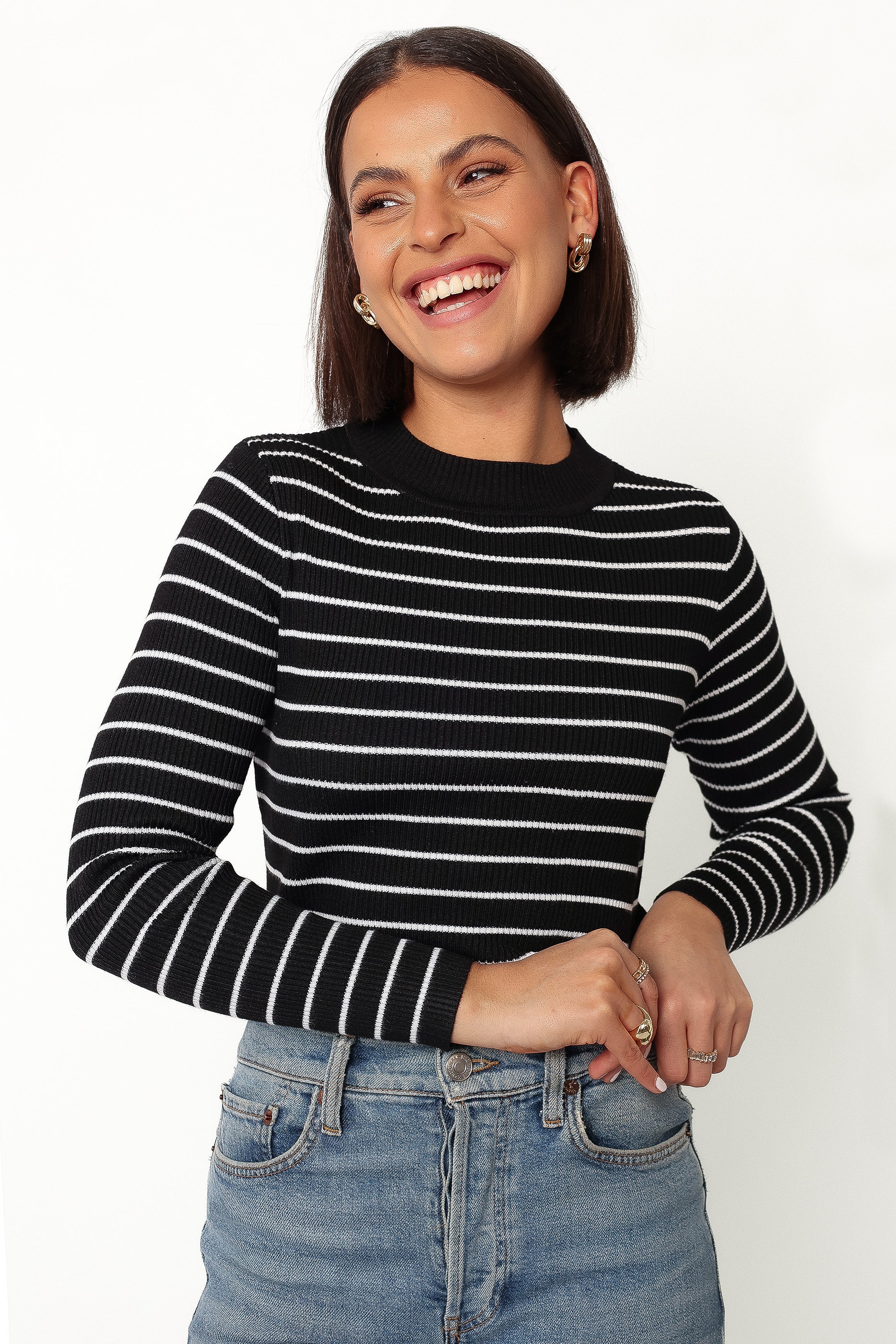 Stacie Ribbed Knit Top Black Stripe