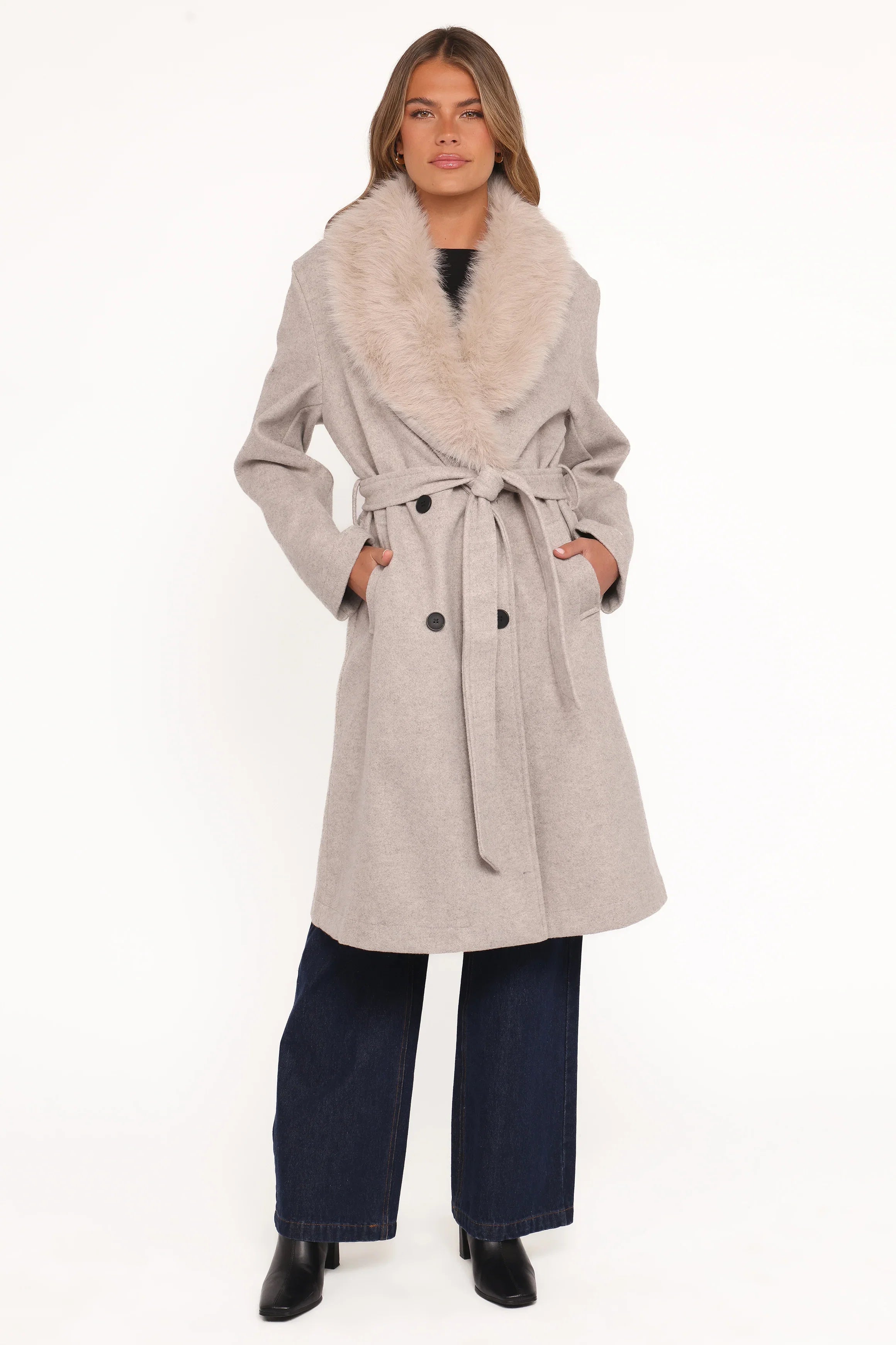 Nina Fur Collar Tie Waist Coat Cream