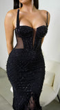 Orlisse Rhinestone Feather Maxi Dress Black