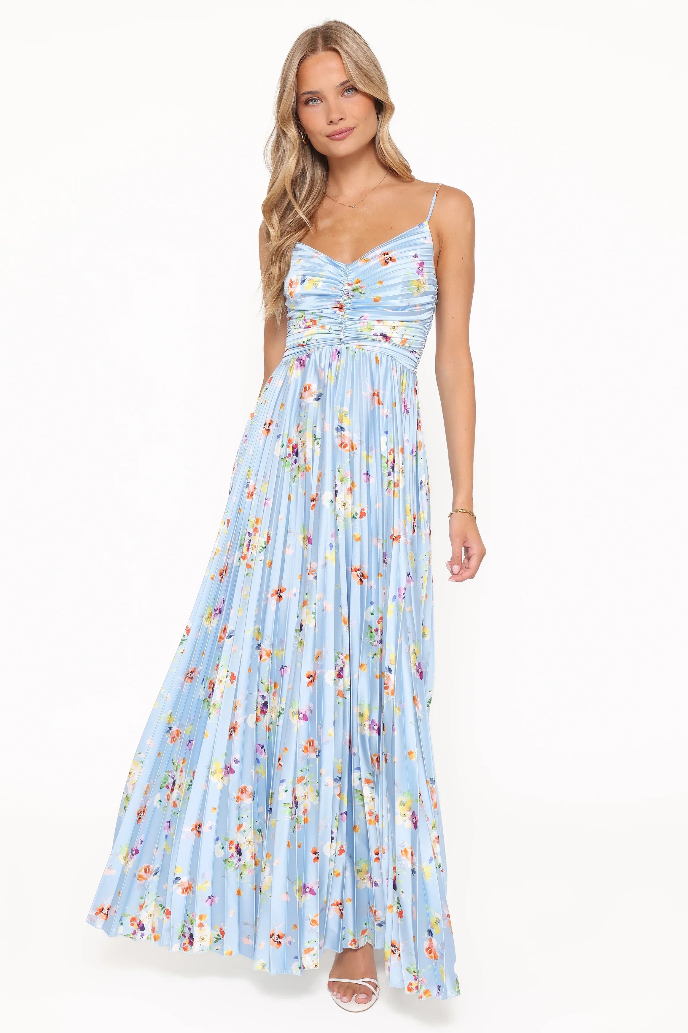Naira Pleated Maxi Dress Cornflower Blue Floral