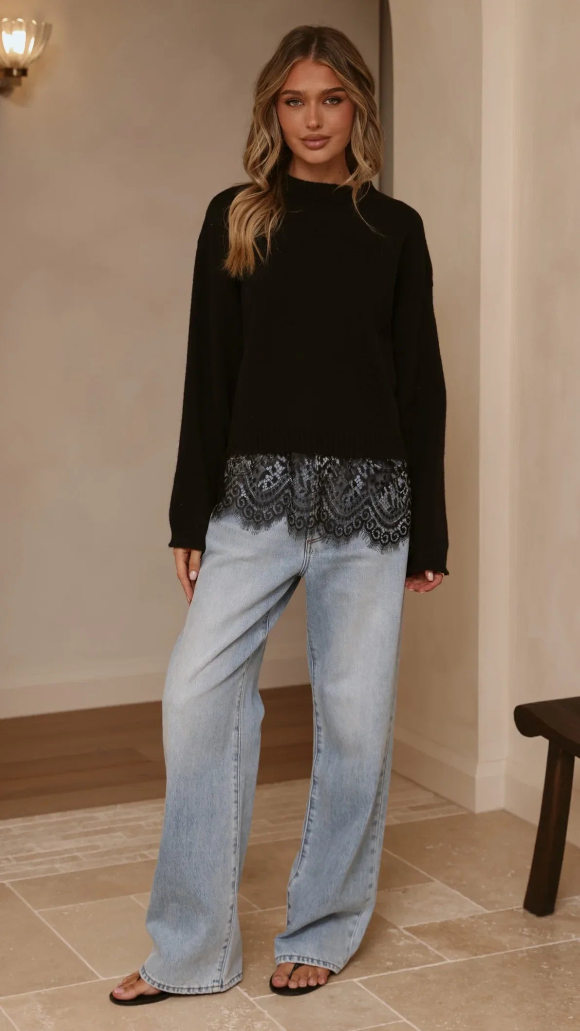 Kylan Lace Trim Sweater Black