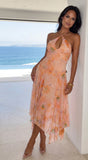 Esperalia Floral Halter Asymmetric Midi Dress Orange Multi