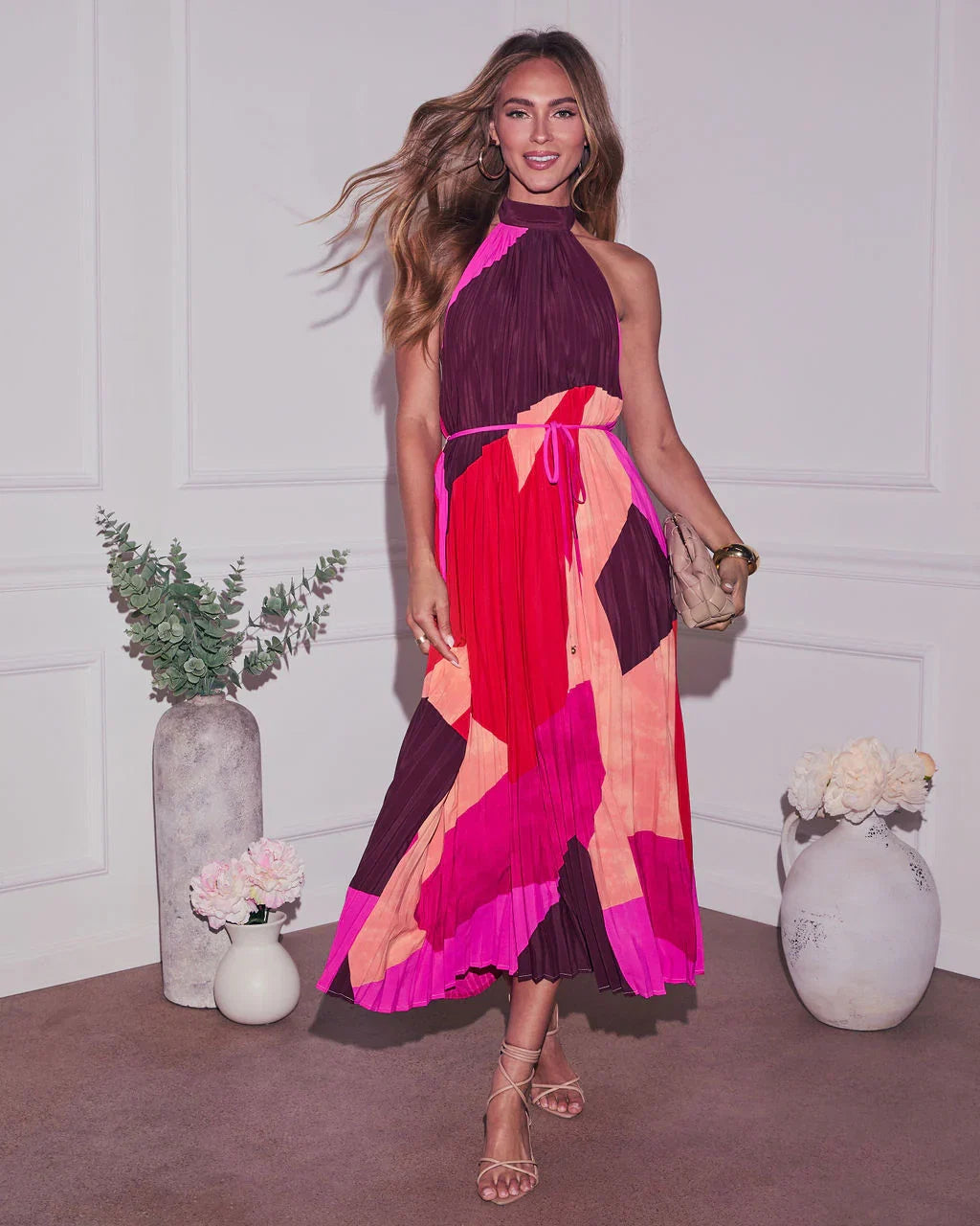 Cheyenne Abstract Pleated Halter Midi Dress