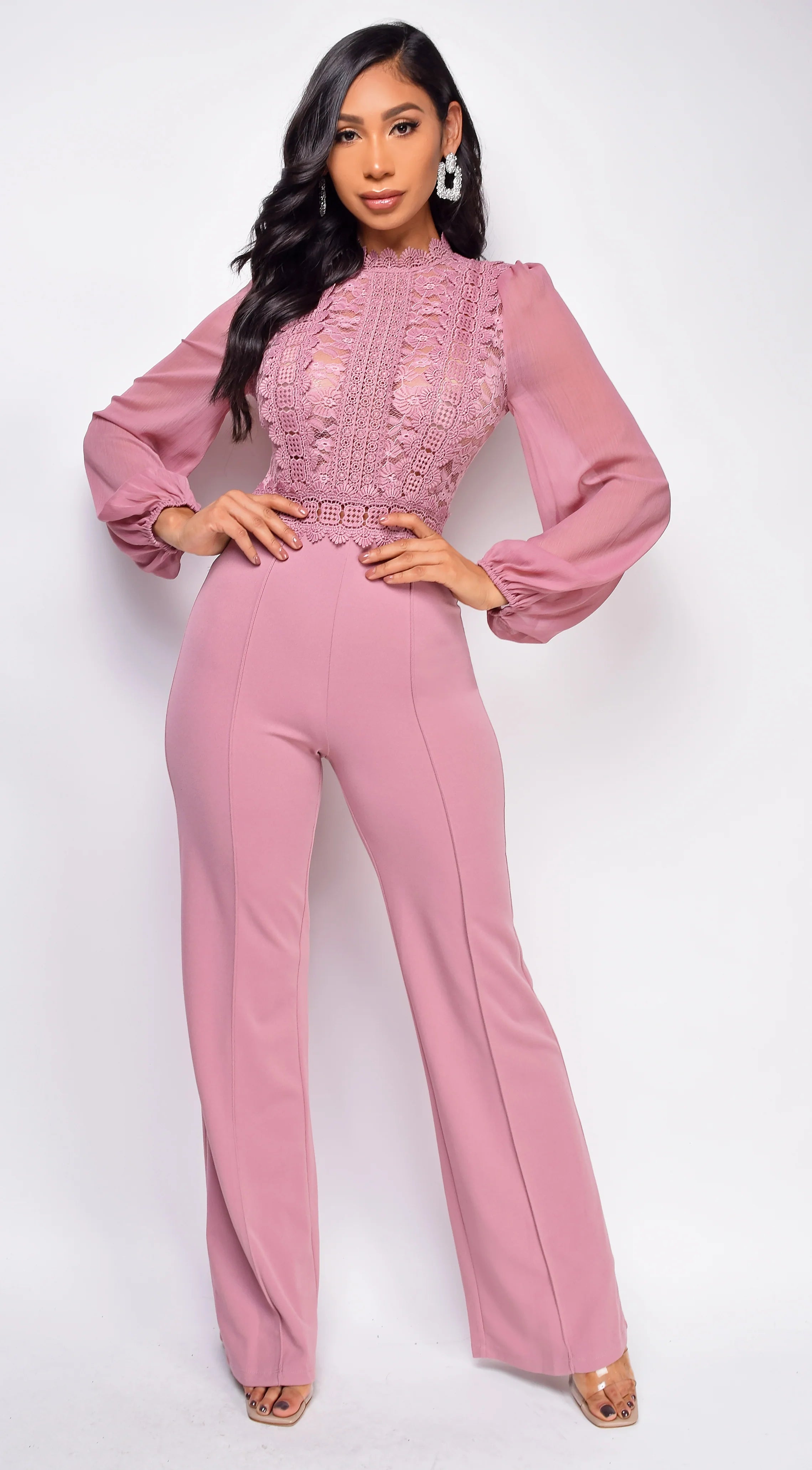 Nerine Crochet Lace Mesh Jumpsuit Pink