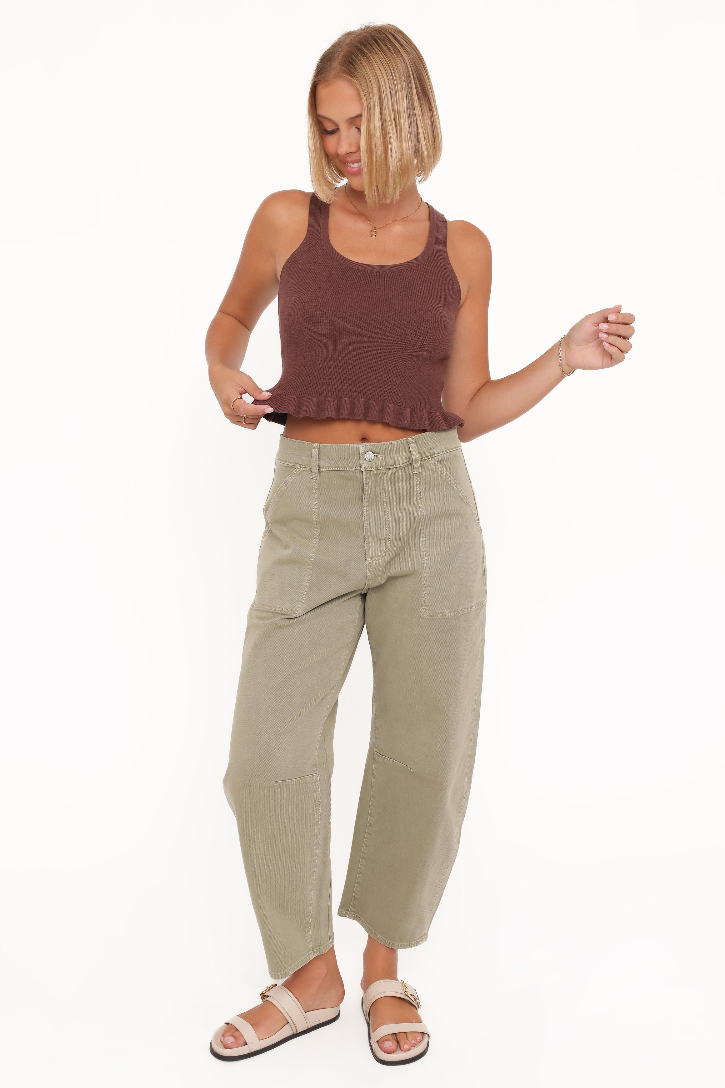Berenice Ruffle Hem Knitted Top Brown