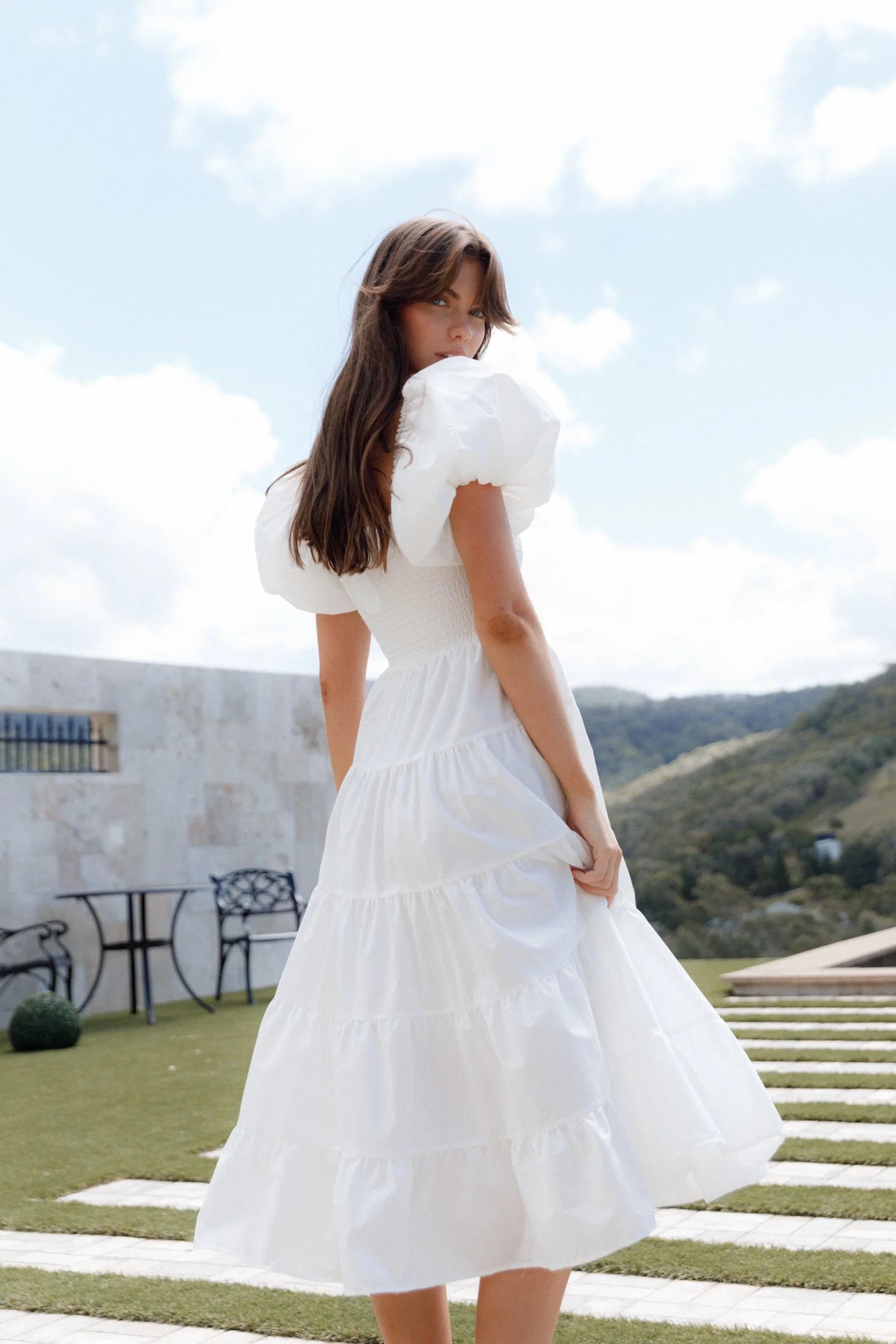 Annette Puff Sleeve Shirred Midi Dress White
