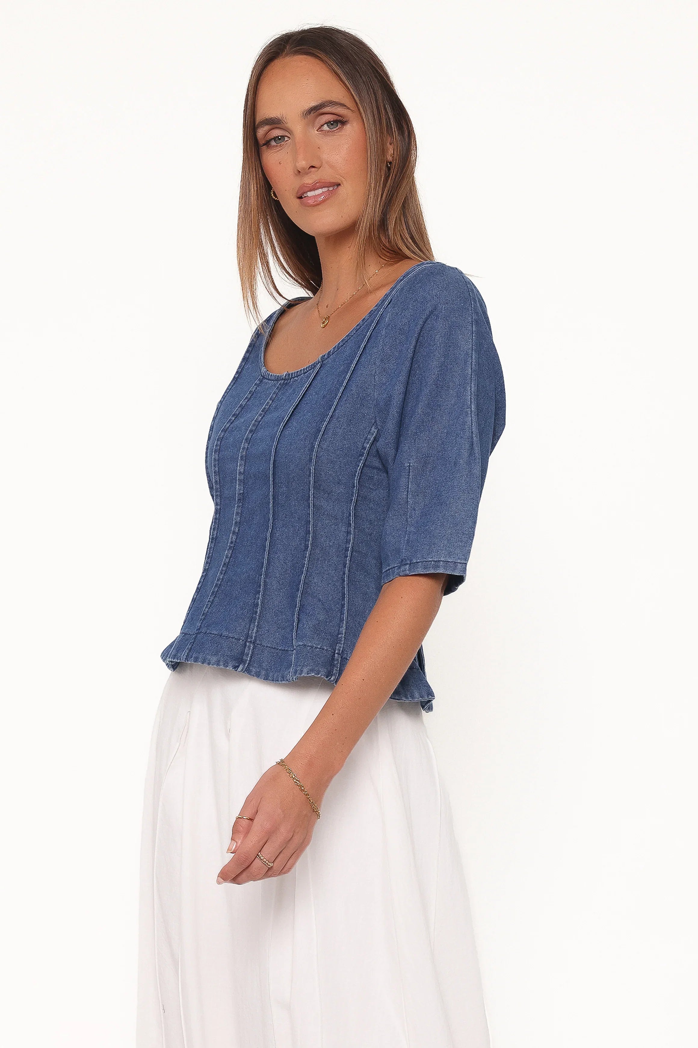 Saylor Denim Peplum Top Blue Medium Wash