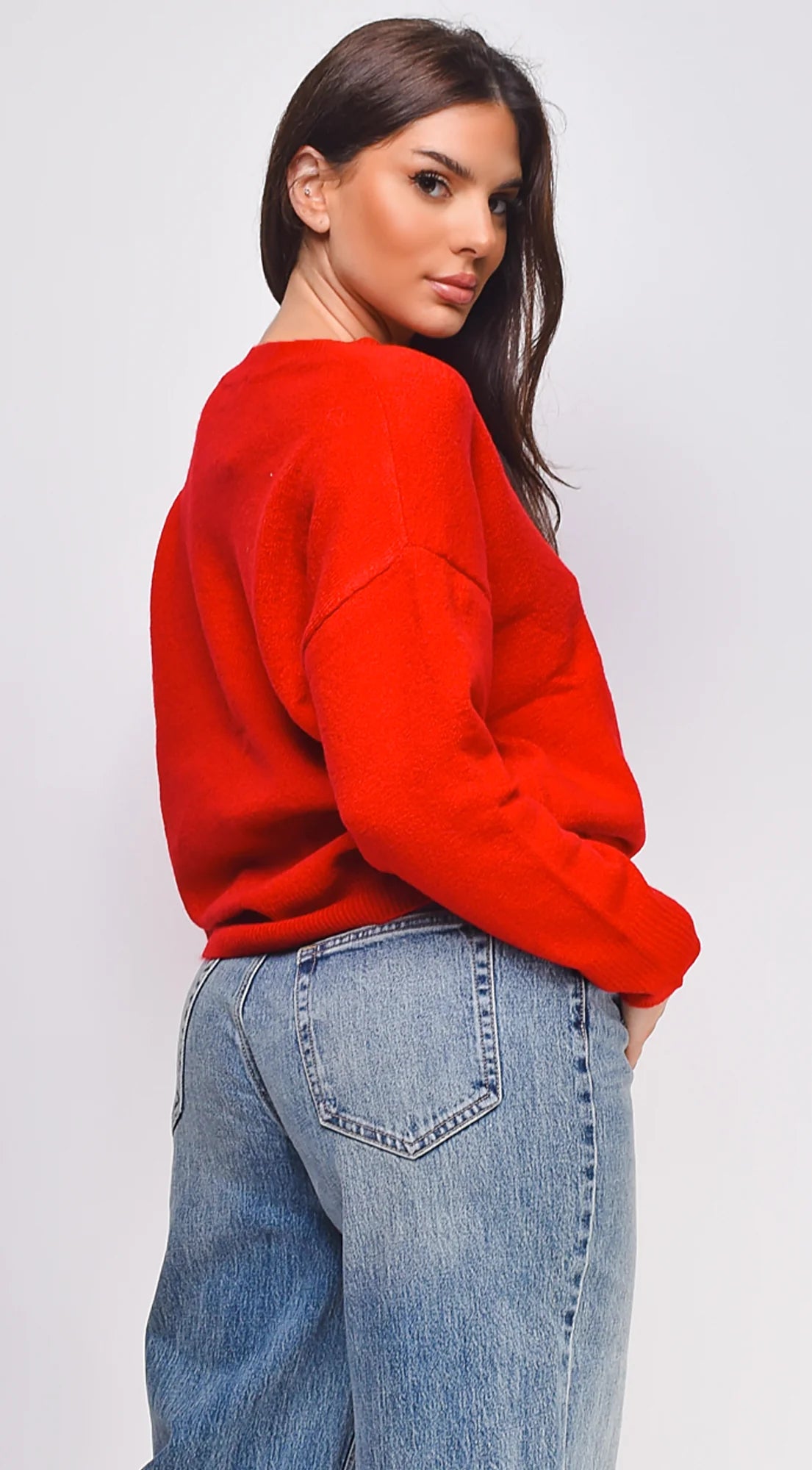 Remy V Neck Drop Shoulder Sweater Top Red