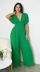 Selene V Neck Pleated Jumpsuit Green
