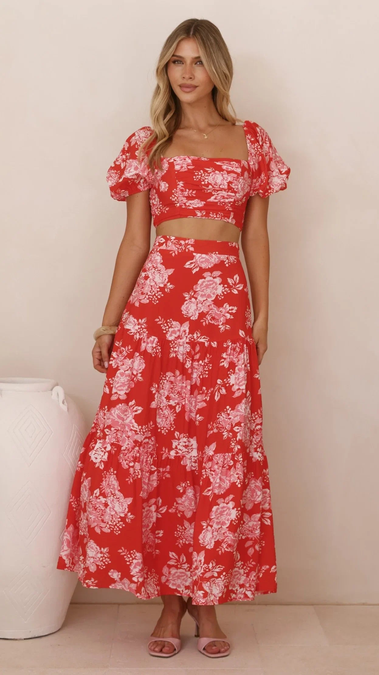 Calla Top and Maxi Skirt Set Red Floral