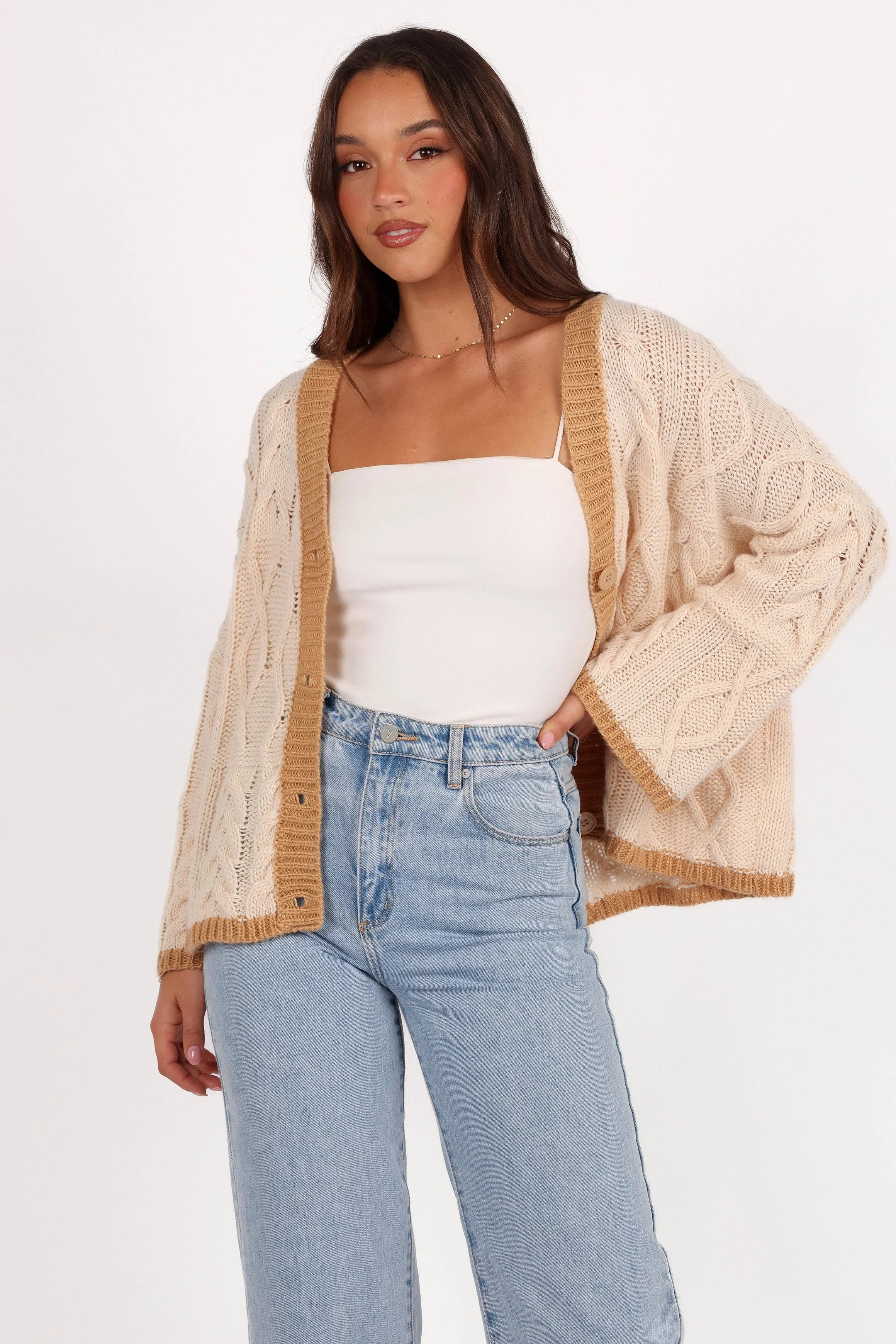 Zina Contrast Cardigan Tan