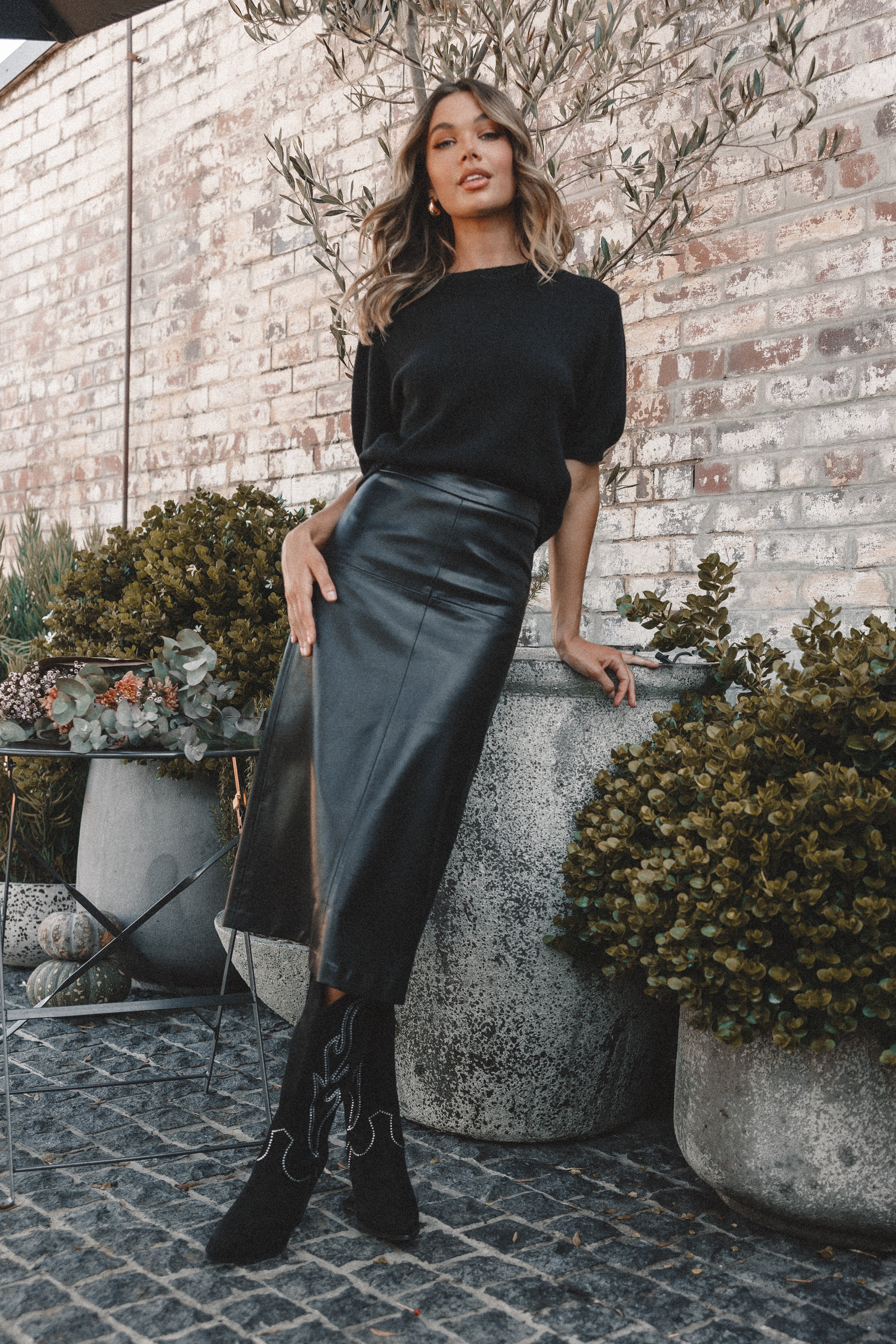 Miller Faux Leather Midi Skirt Black