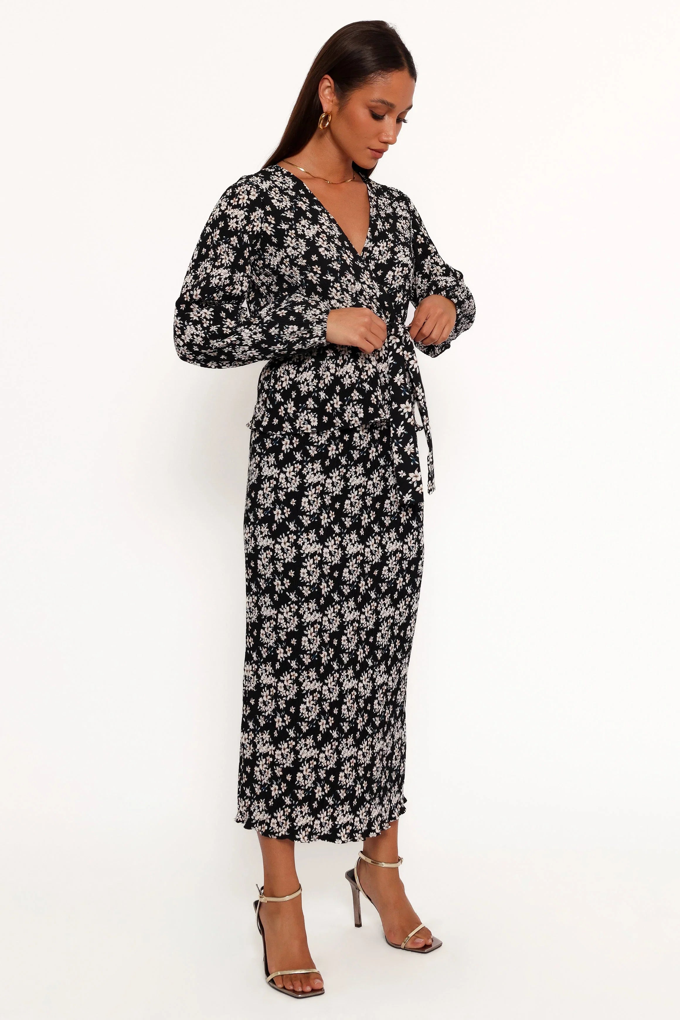 Minelli Pleat Midi Skirt Black White Floral