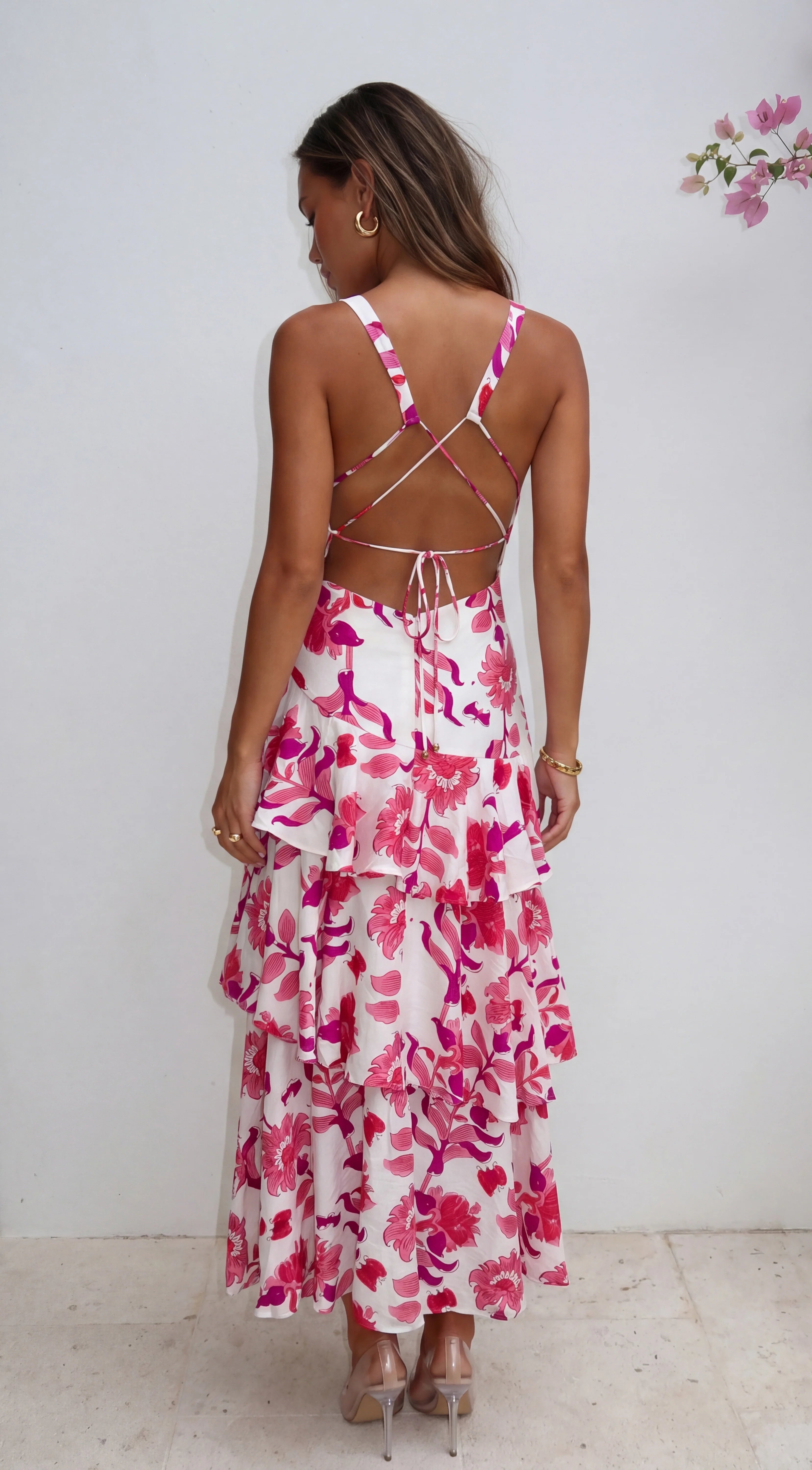 Azélie Floral Tiered Maxi Dress Pink Multi