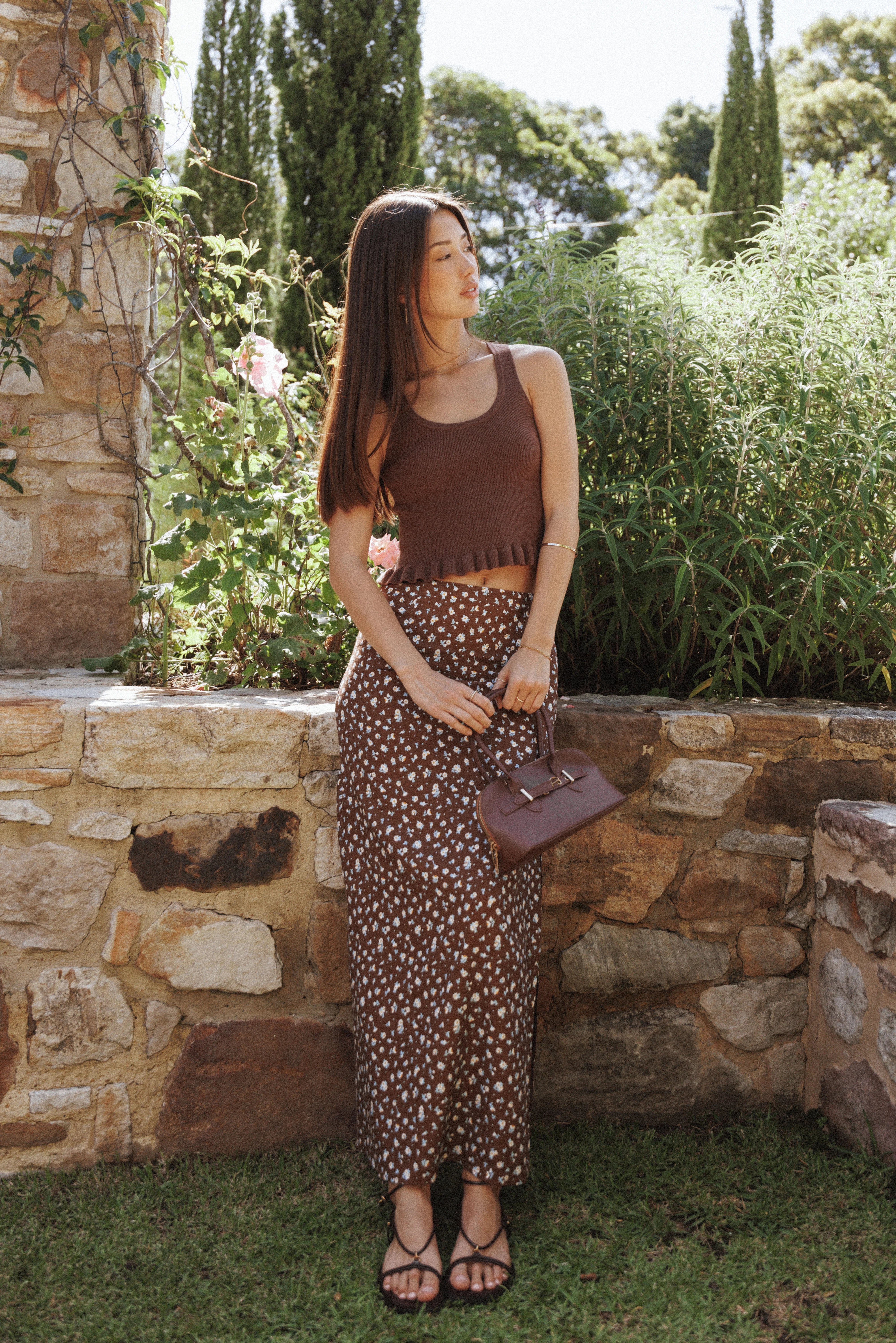 Berenice Ruffle Hem Knitted Top Brown