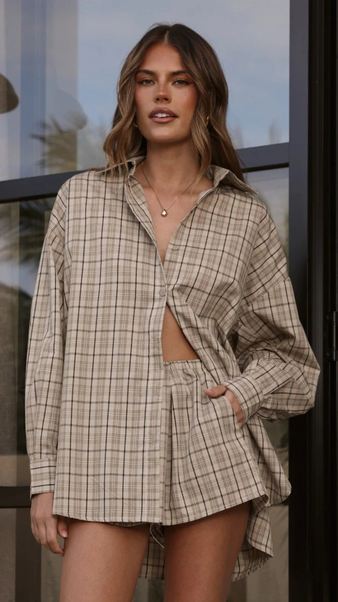 Arli Button Up Shirt Beige Brown Plaid