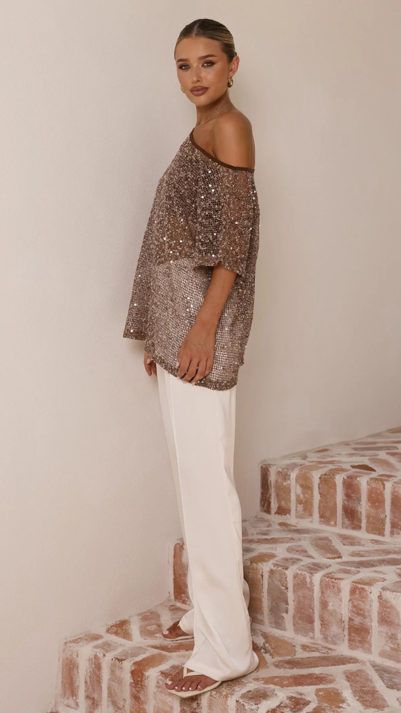 Zinnie Sequins Off Shoulder Top Mocha