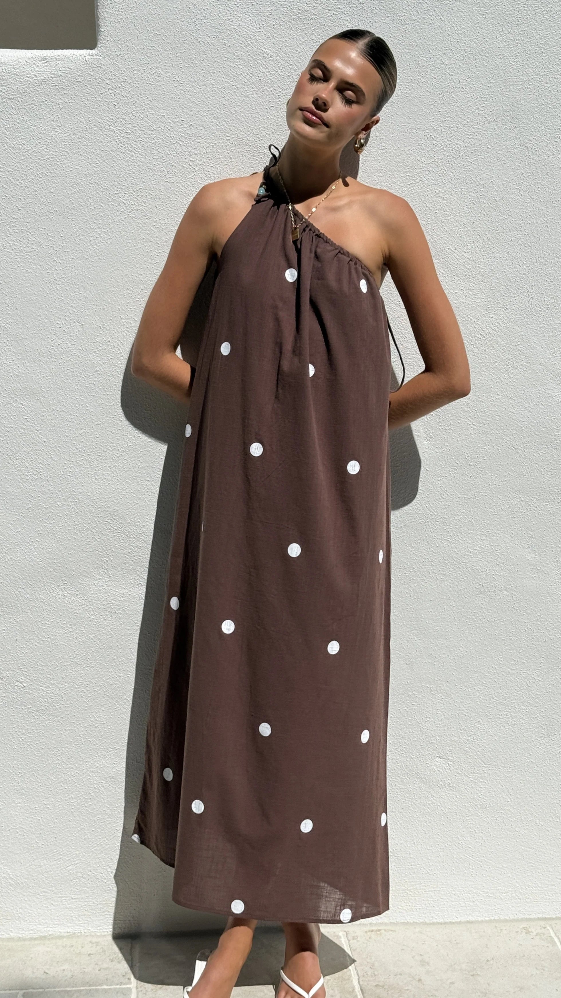 Nasira One Shoulder Maxi Dress Chocolate White Polka Dot