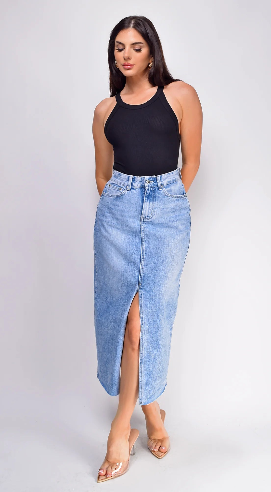 Frances High Rise Denim Midi Skirt Blue