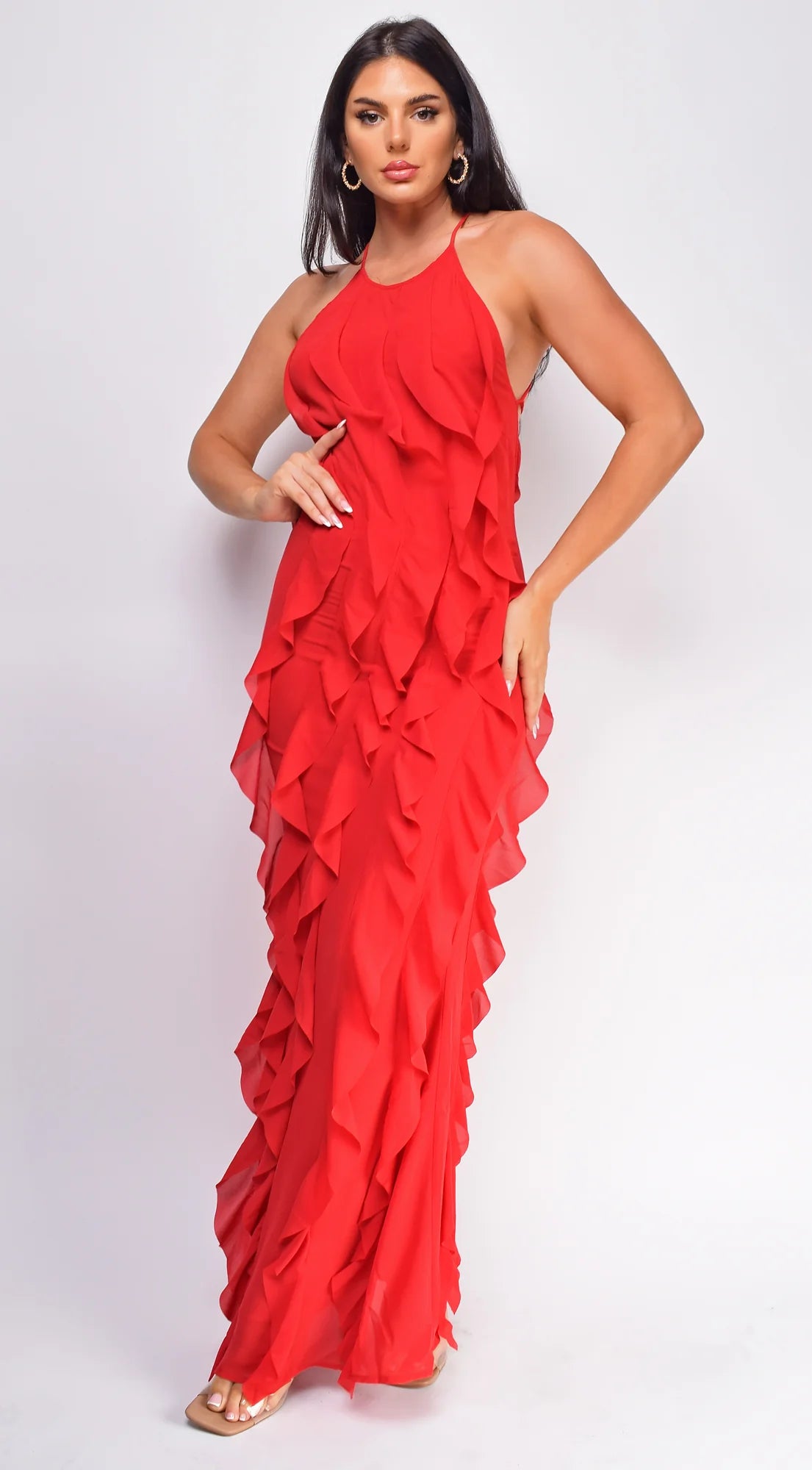 Erma Halter Ruffle Maxi Dress Red