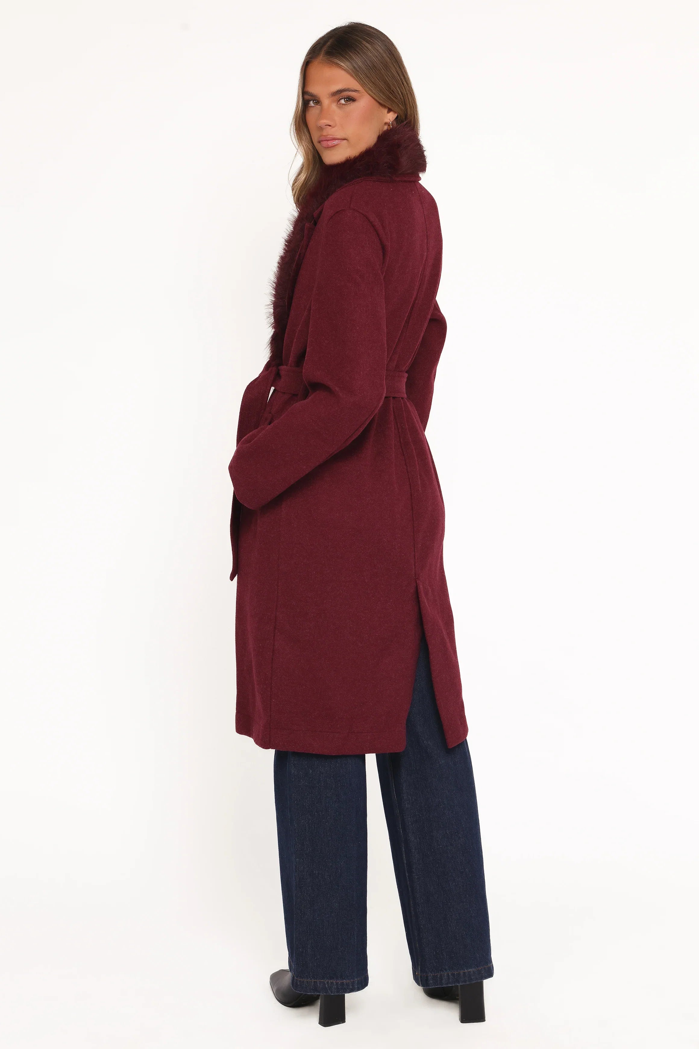 Nina Fur Collar Tie Waist Coat Burgundy