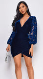 Dafne Velvet Lace Sleeve Mini Dress Blue
