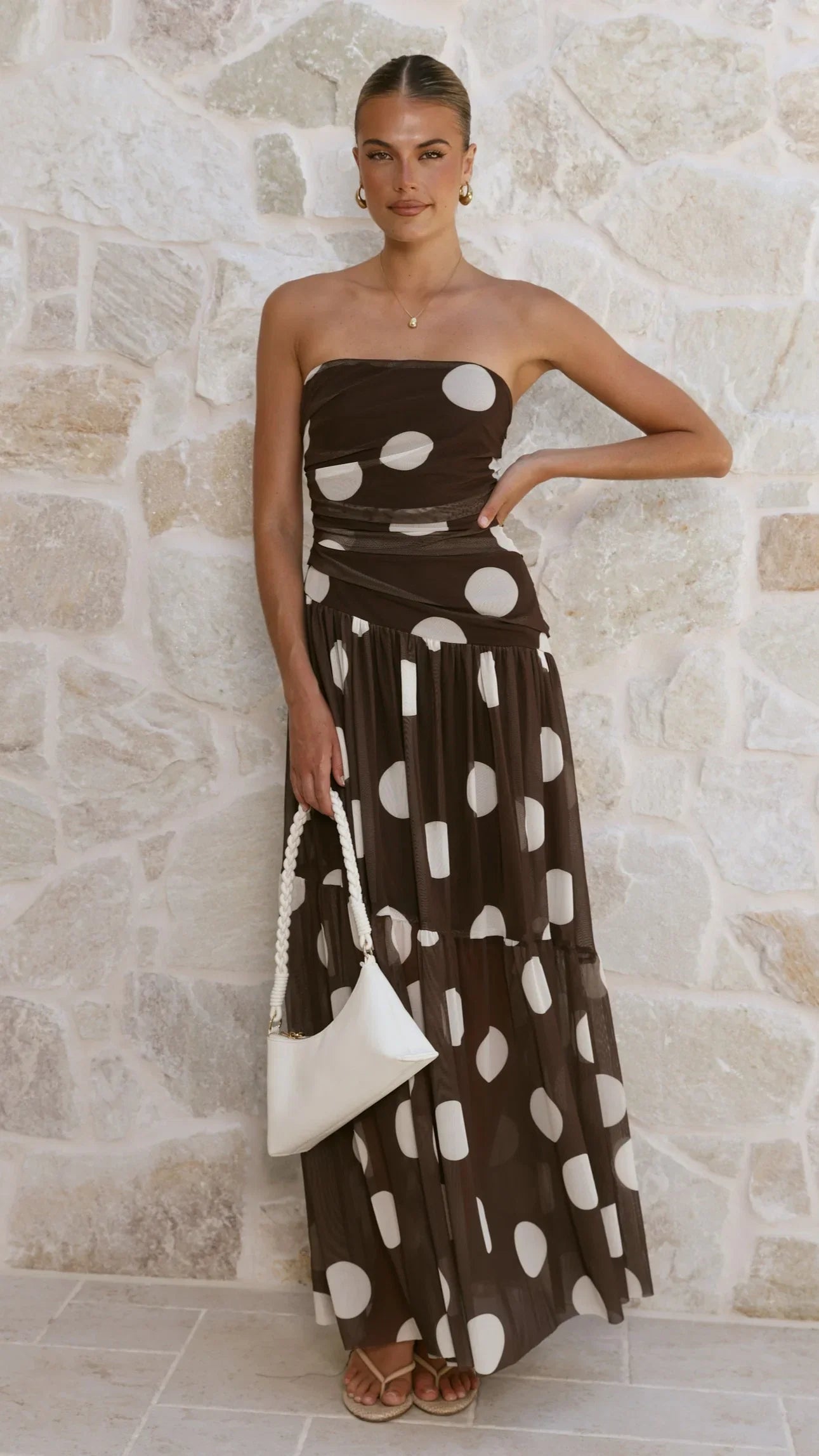Riko Strapless Maxi Dress Chocolate Macro Polka