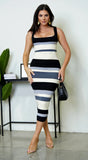 Mari Stripe Multi Color Midi Dress Black