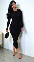 Alexandra Long Sleeve Knit Cable Midi Dress Black