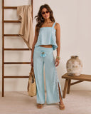 Sunlit Palm Eyelet Trim Top