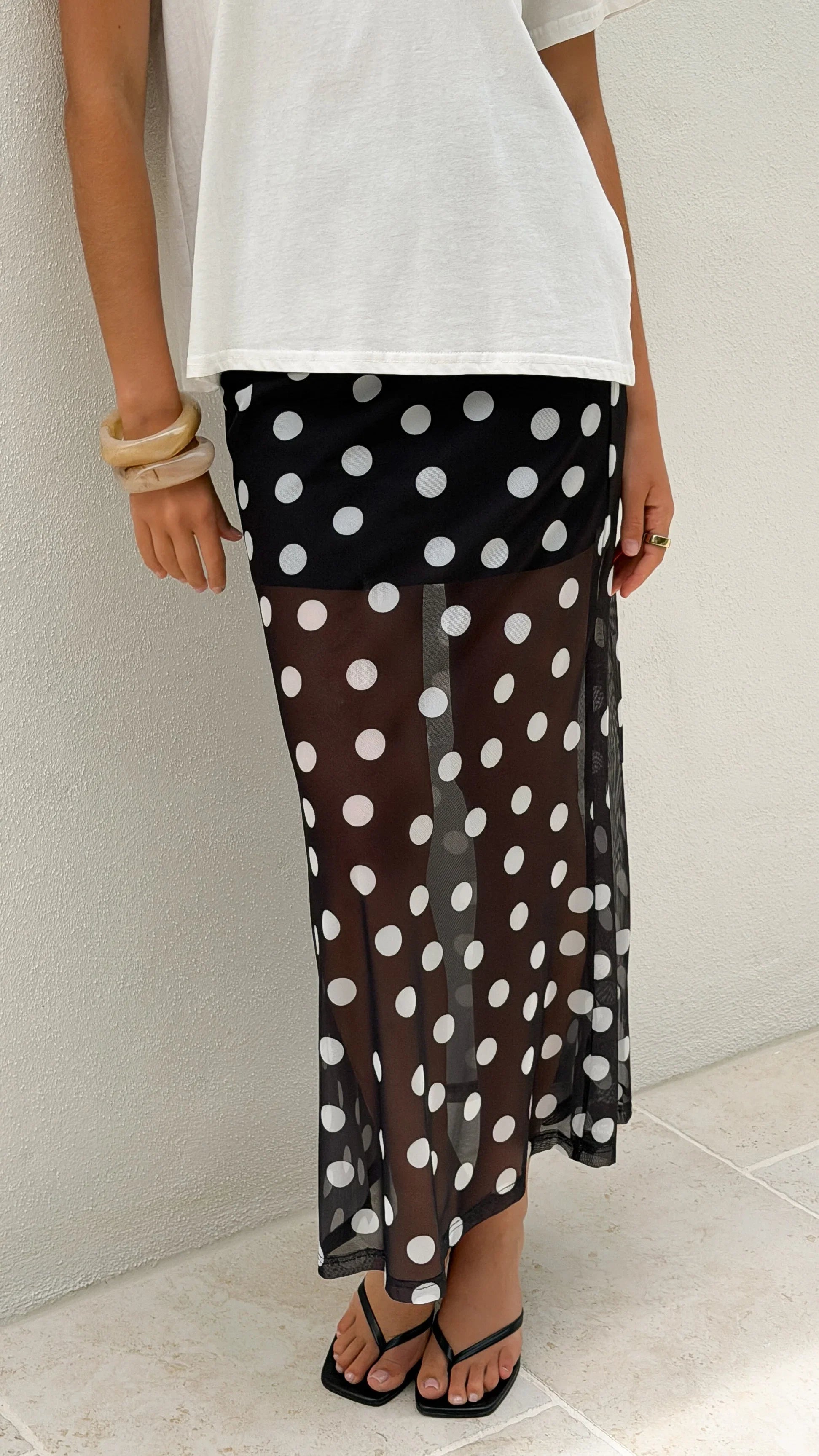 Onella Semi Sheer Maxi Skirt Black White Polka Dot