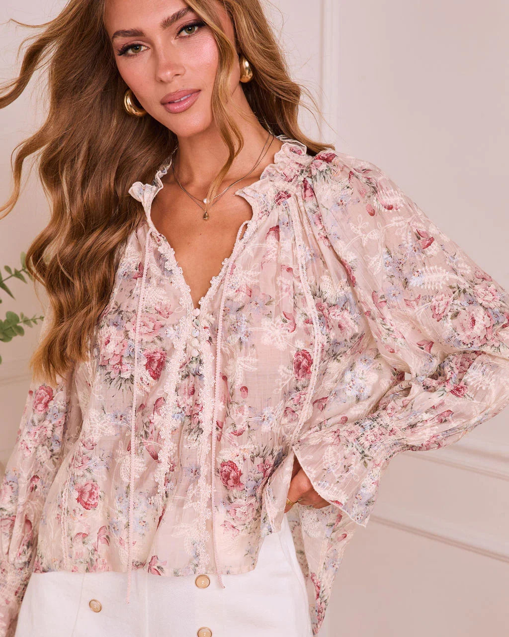 Ethereal Darling Split Neck Tie Floral Blouse