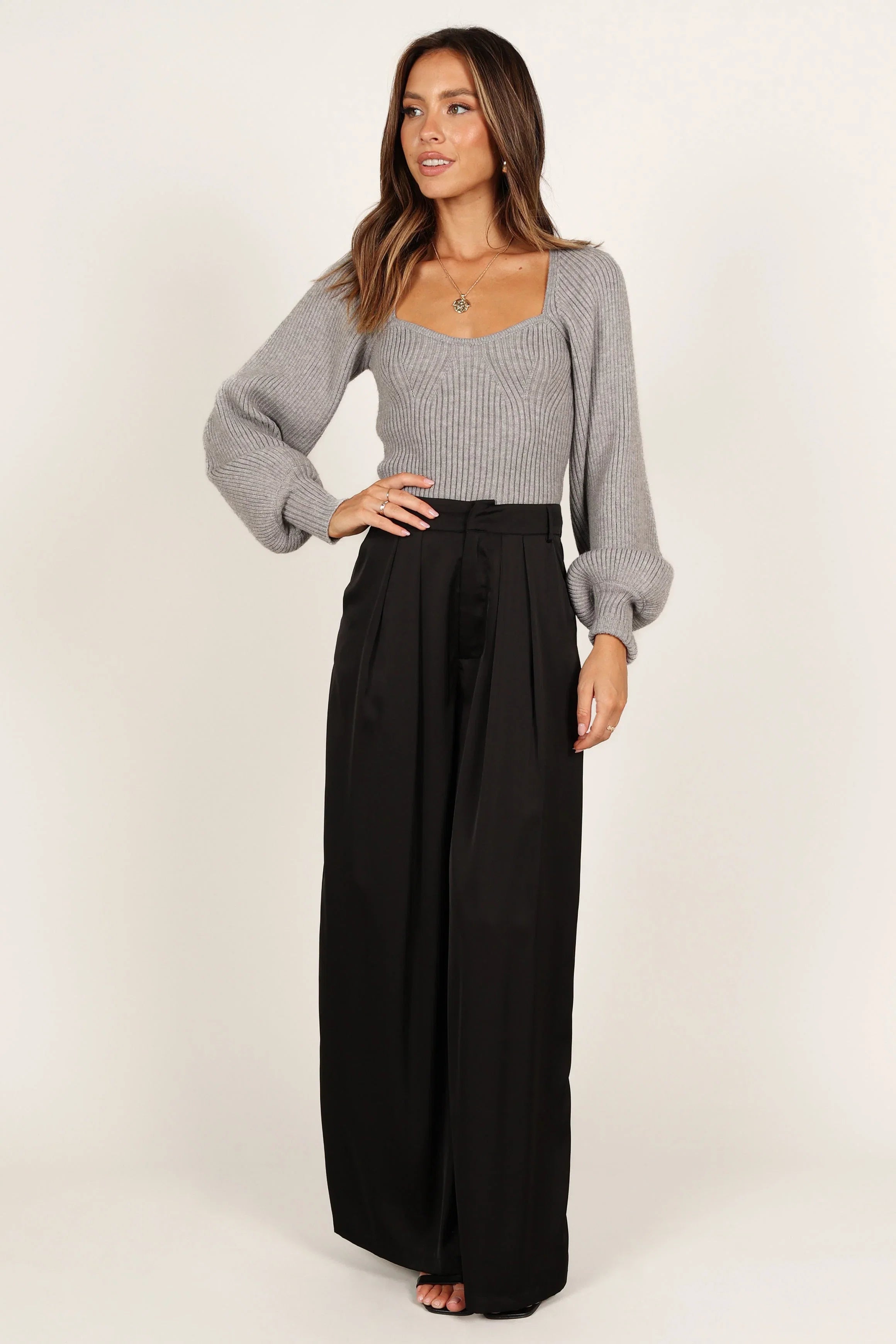 Gia Sweetheart Neck Bell Sleeve Knit Sweater Light Grey