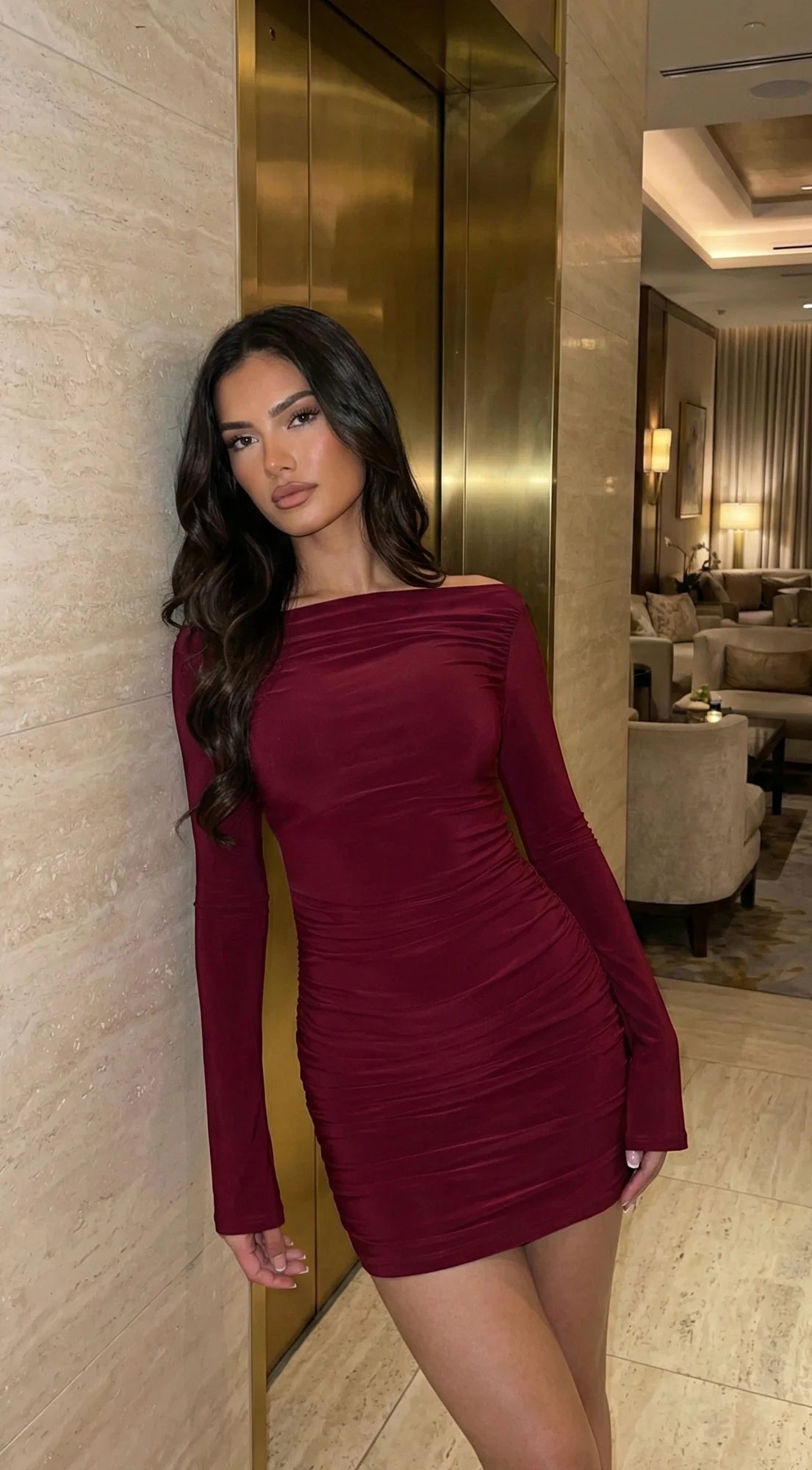 Viona Long Sleeve Mini Dress Burgundy Red