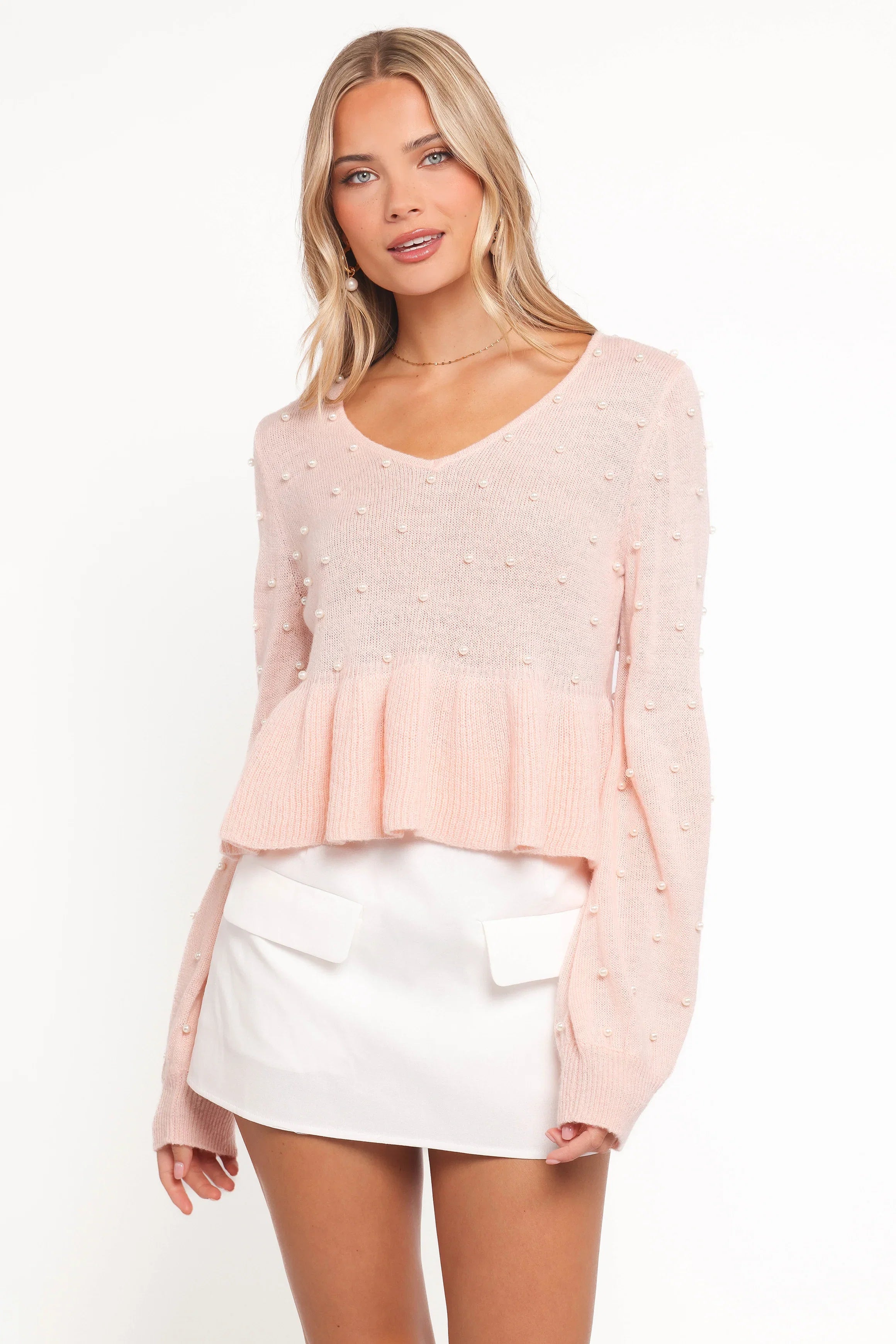 Molly Pearl Peplum Knit Sweater Light Pink