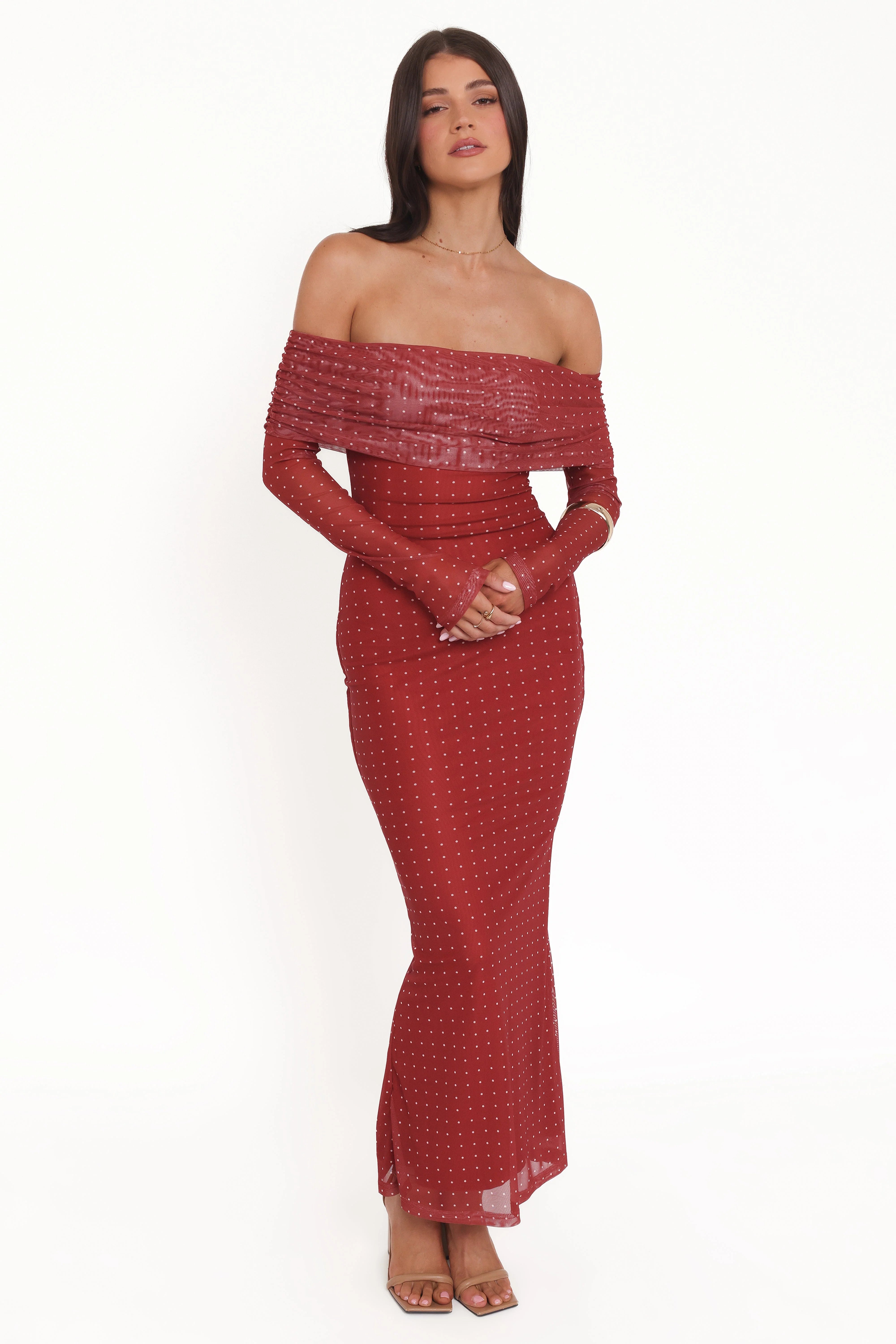 Zeva Off Shoulder Maxi Dress Burgundy Spot