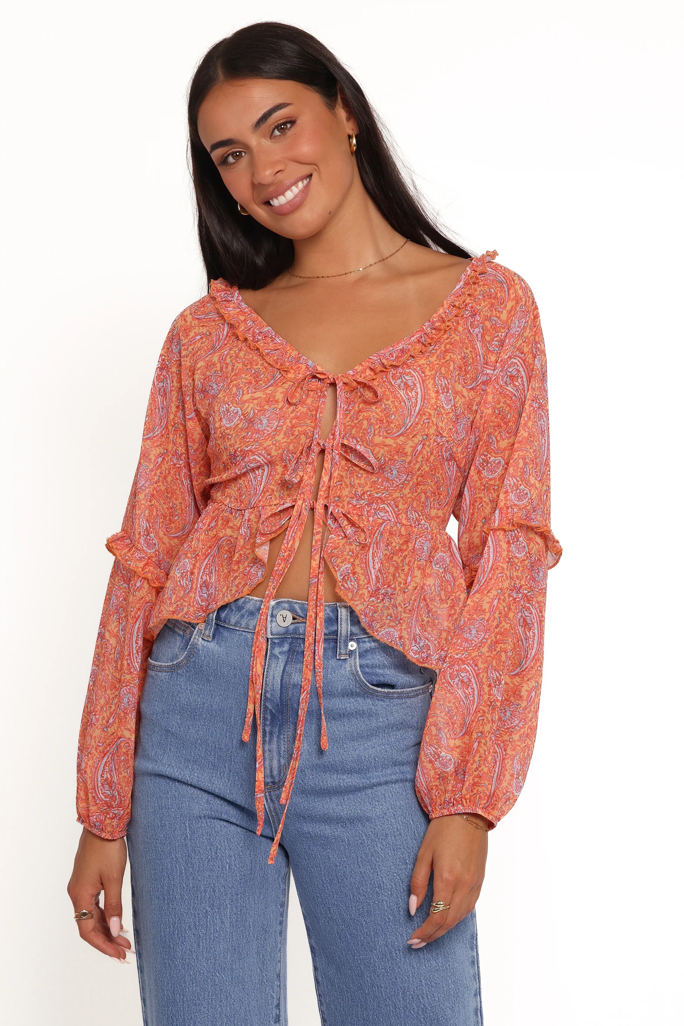 Isolt Tie Front Top Orange Paisley