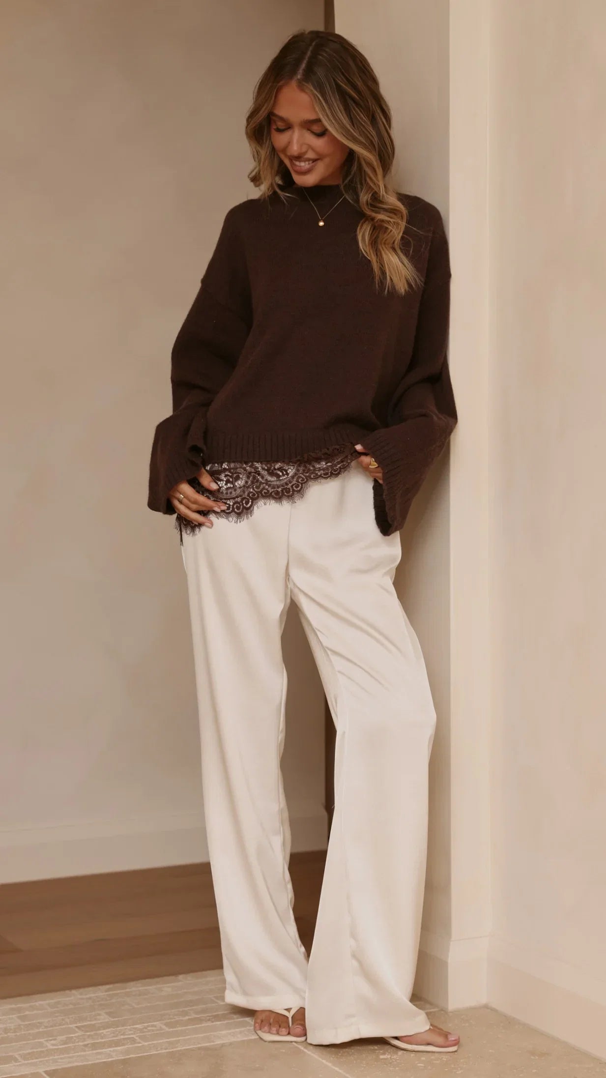 Kylan Lace Trim Sweater Brown