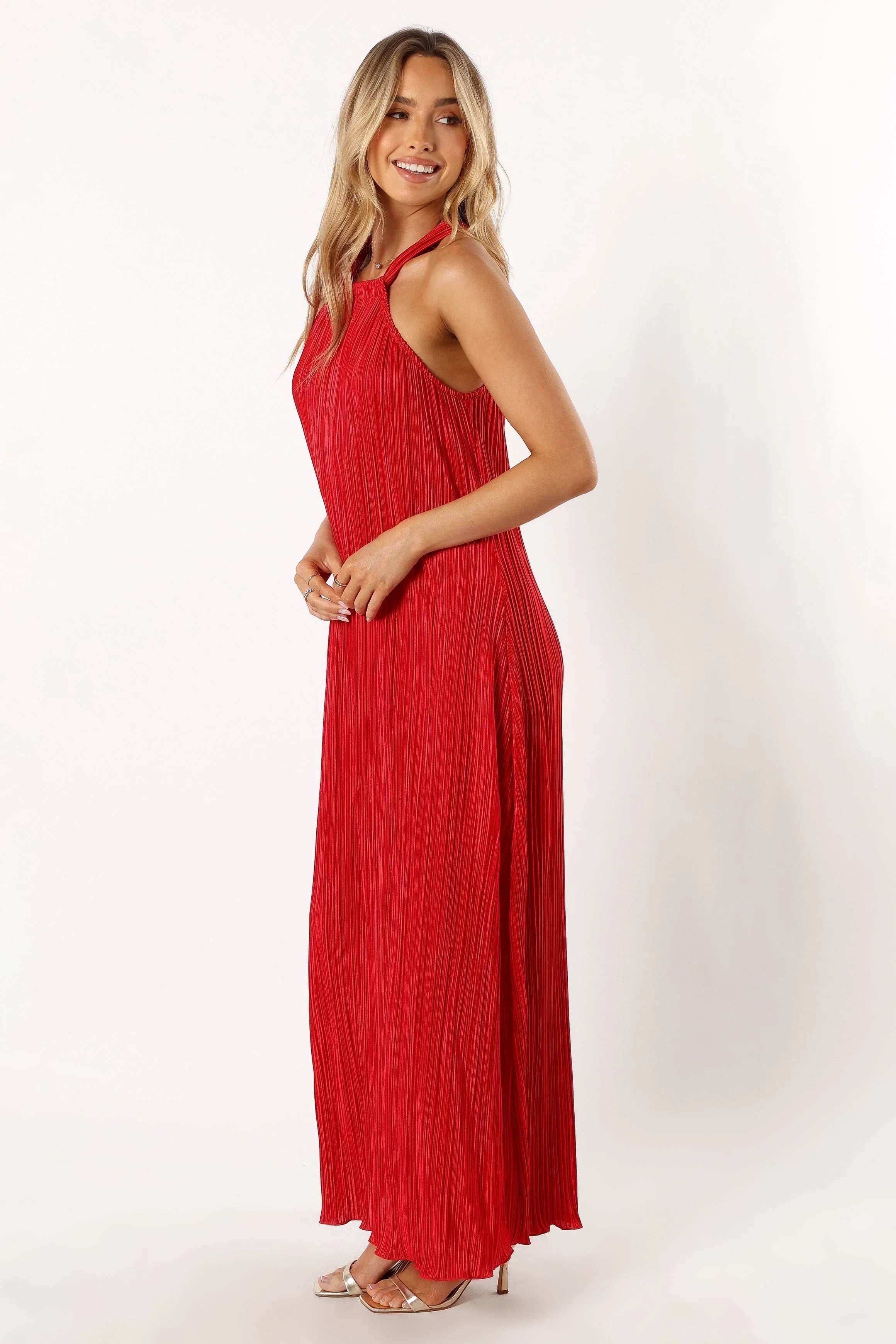 Melody Plisse Halter Maxi Dress Red