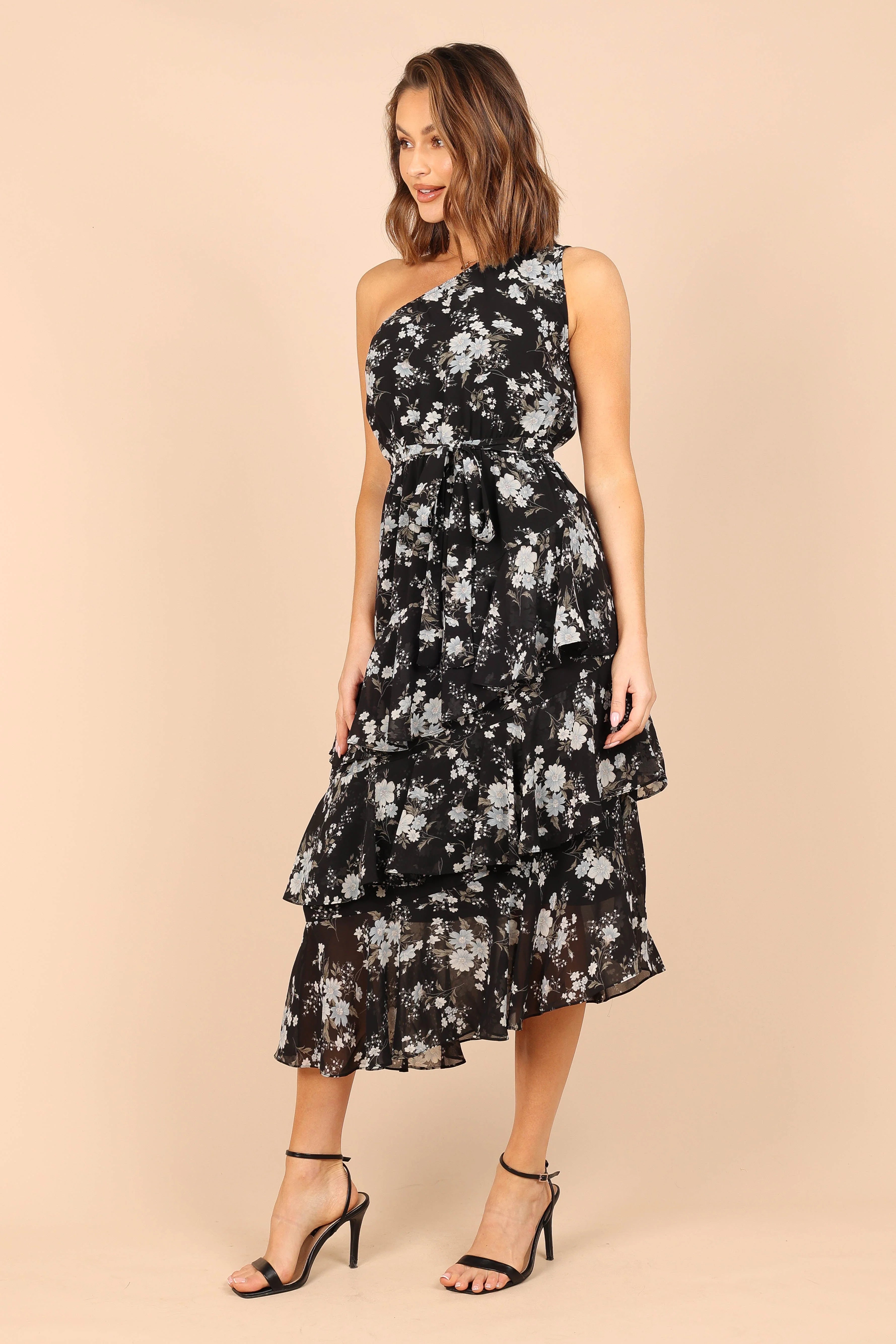 Brigette One Shoulder Tiered Midi Dress Black Floral