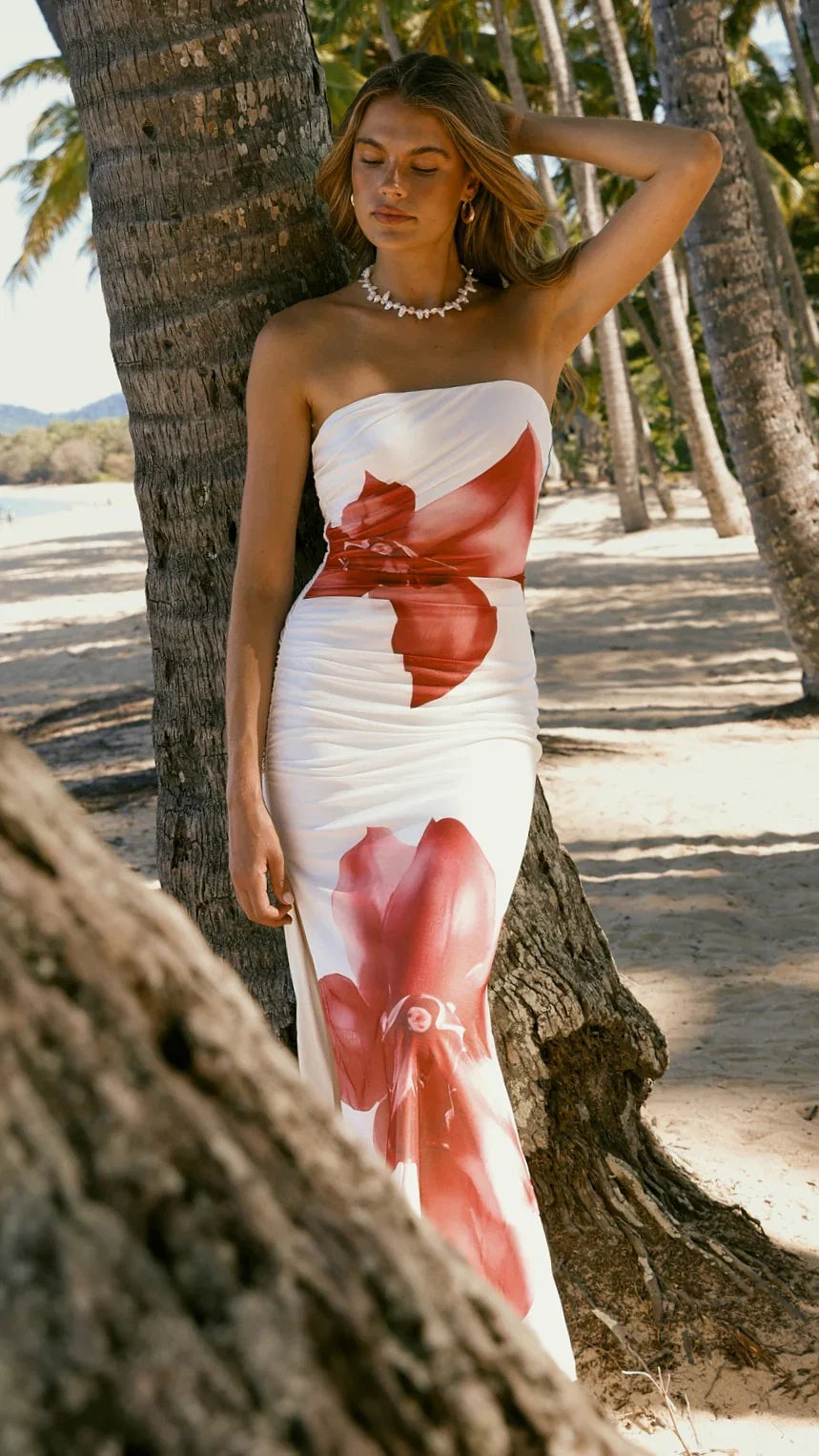 Brittani Strapless Maxi Dress White Red