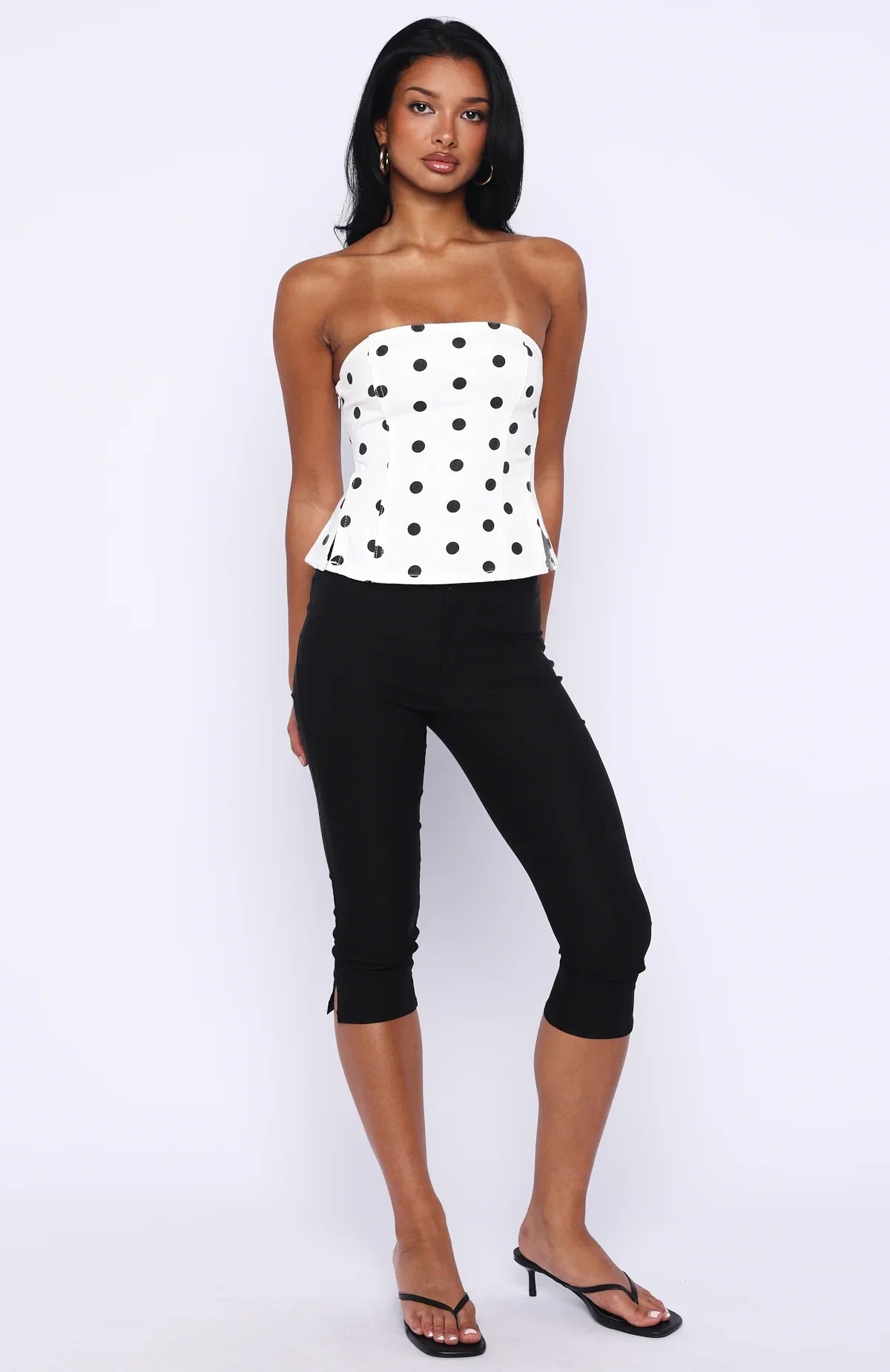 More Power Strapless Denim Top White Black Polka Dot