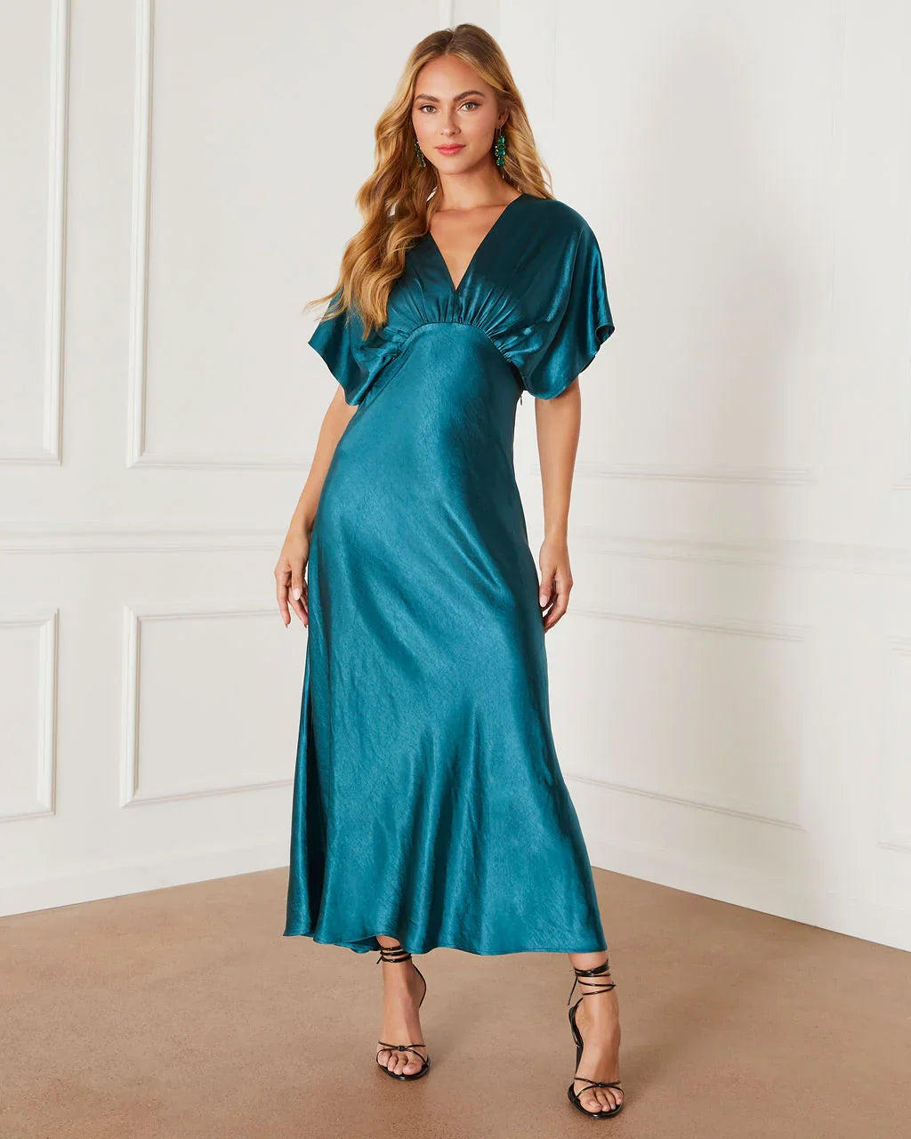 Theia Satin V Neck Maxi Dress