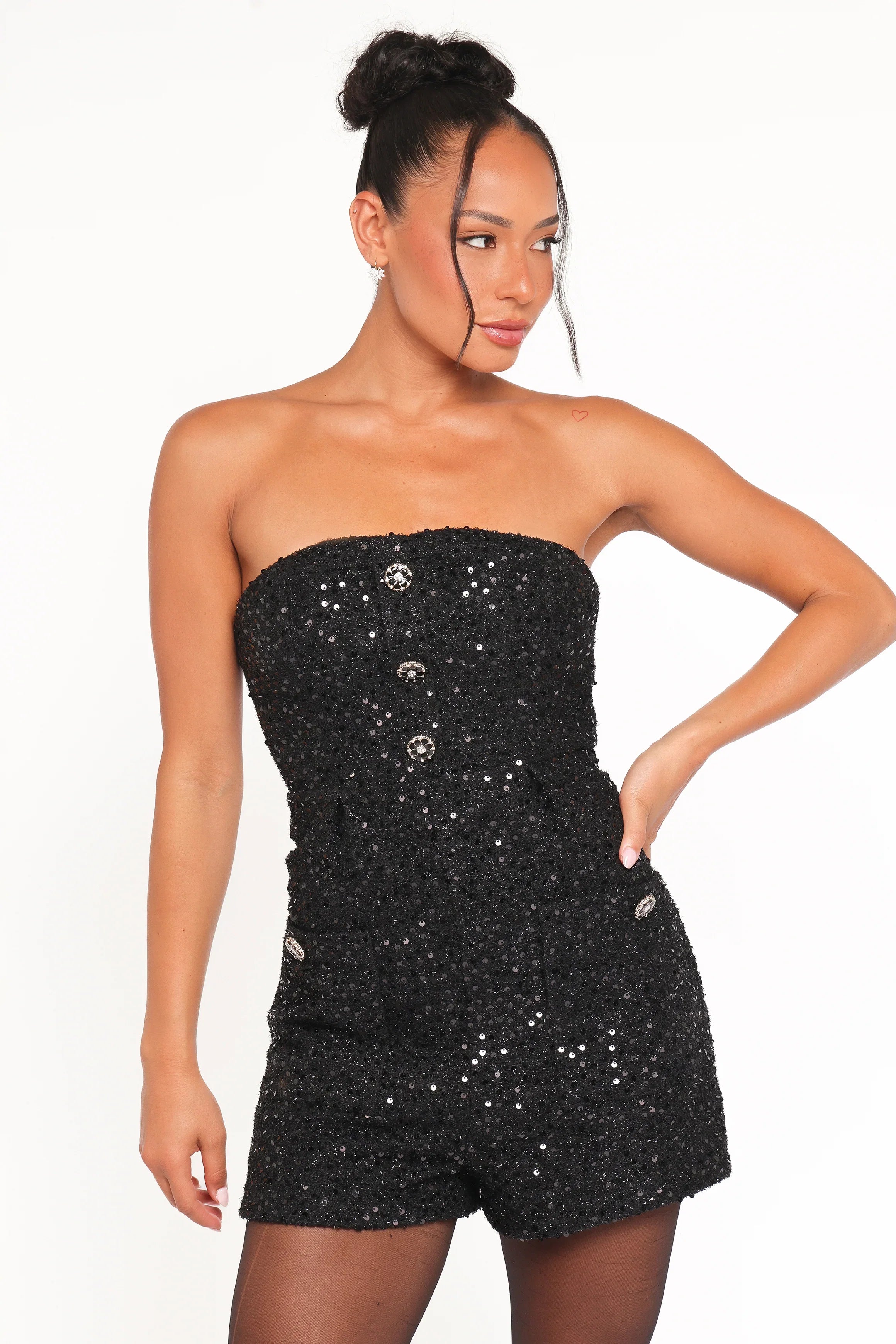 Madeline Strapless Tweed Romper Black