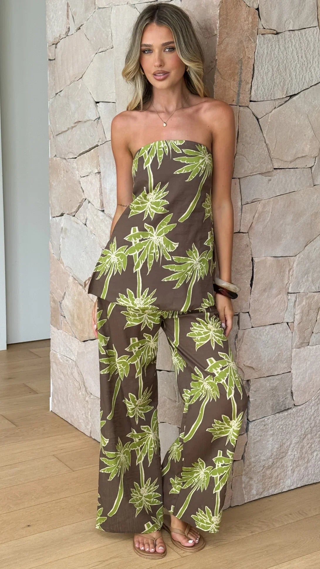 Kailani Strapless Top and Pants Set Brown Green Palm