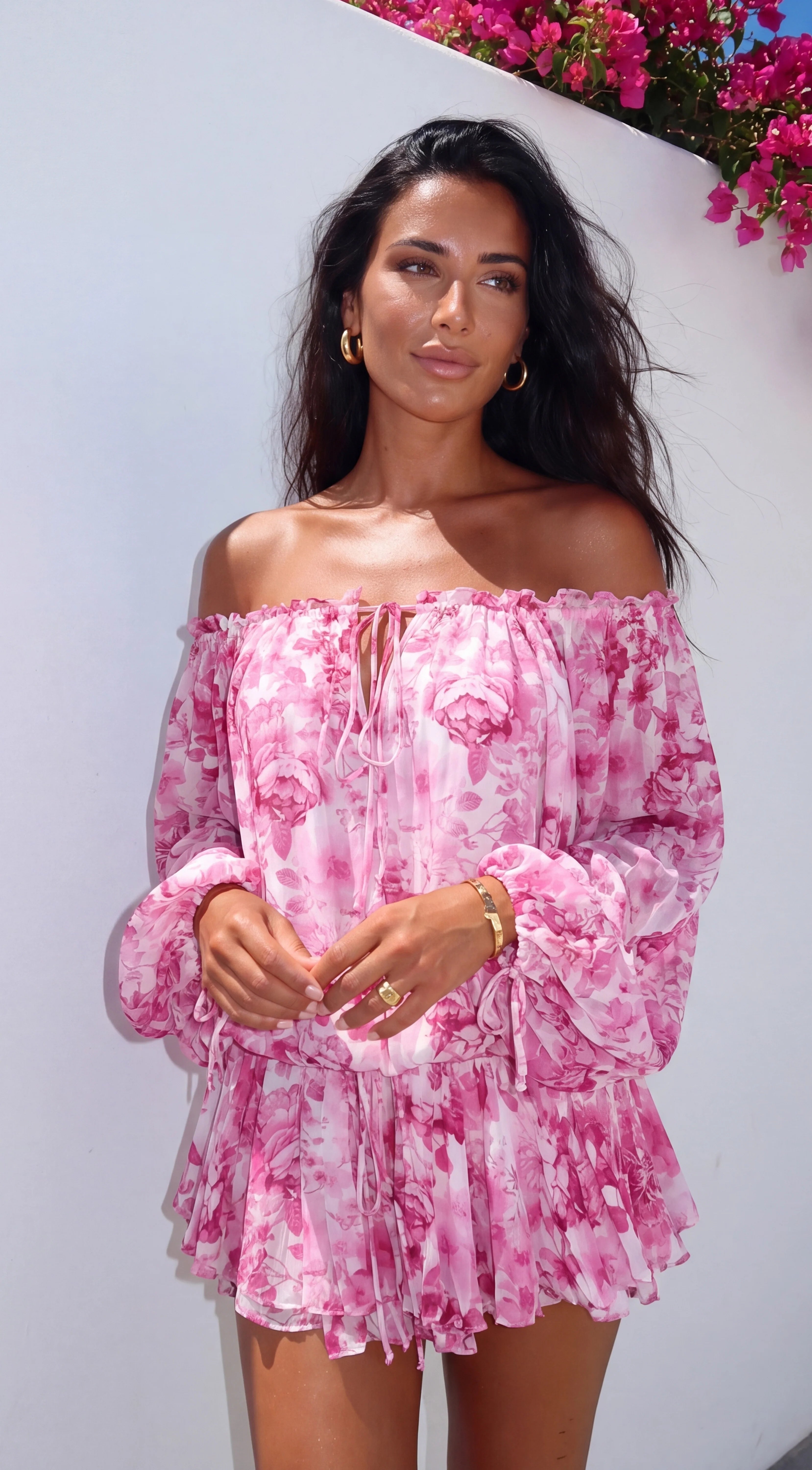Romanella Peony Floral Off Shoulder Mini Dress Pink