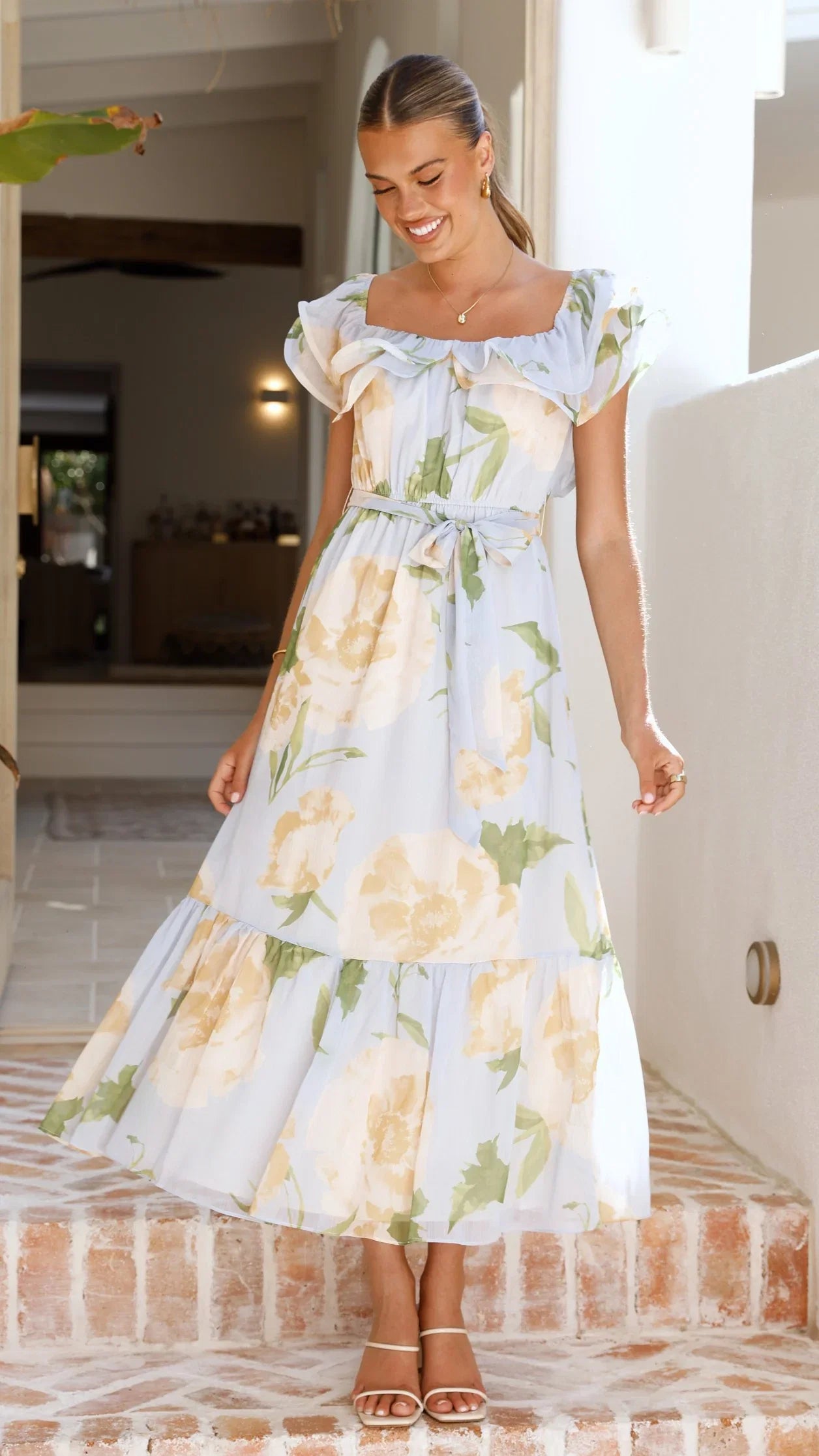 Chase Off Shoulder Maxi Dress Blue Peach Floral