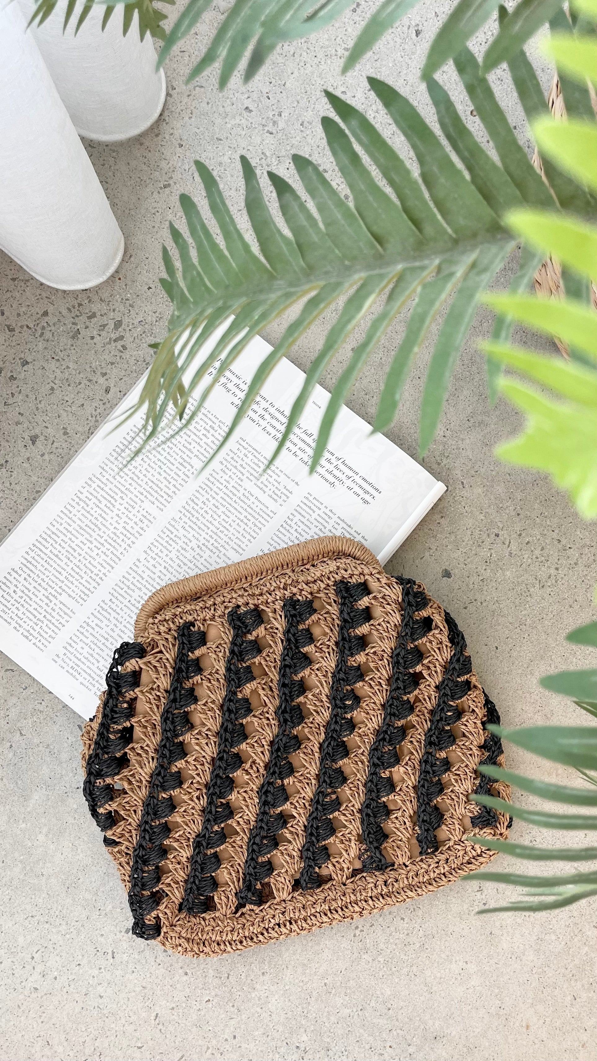 Eadie Crochet Weave Framed Clutch Black Natural
